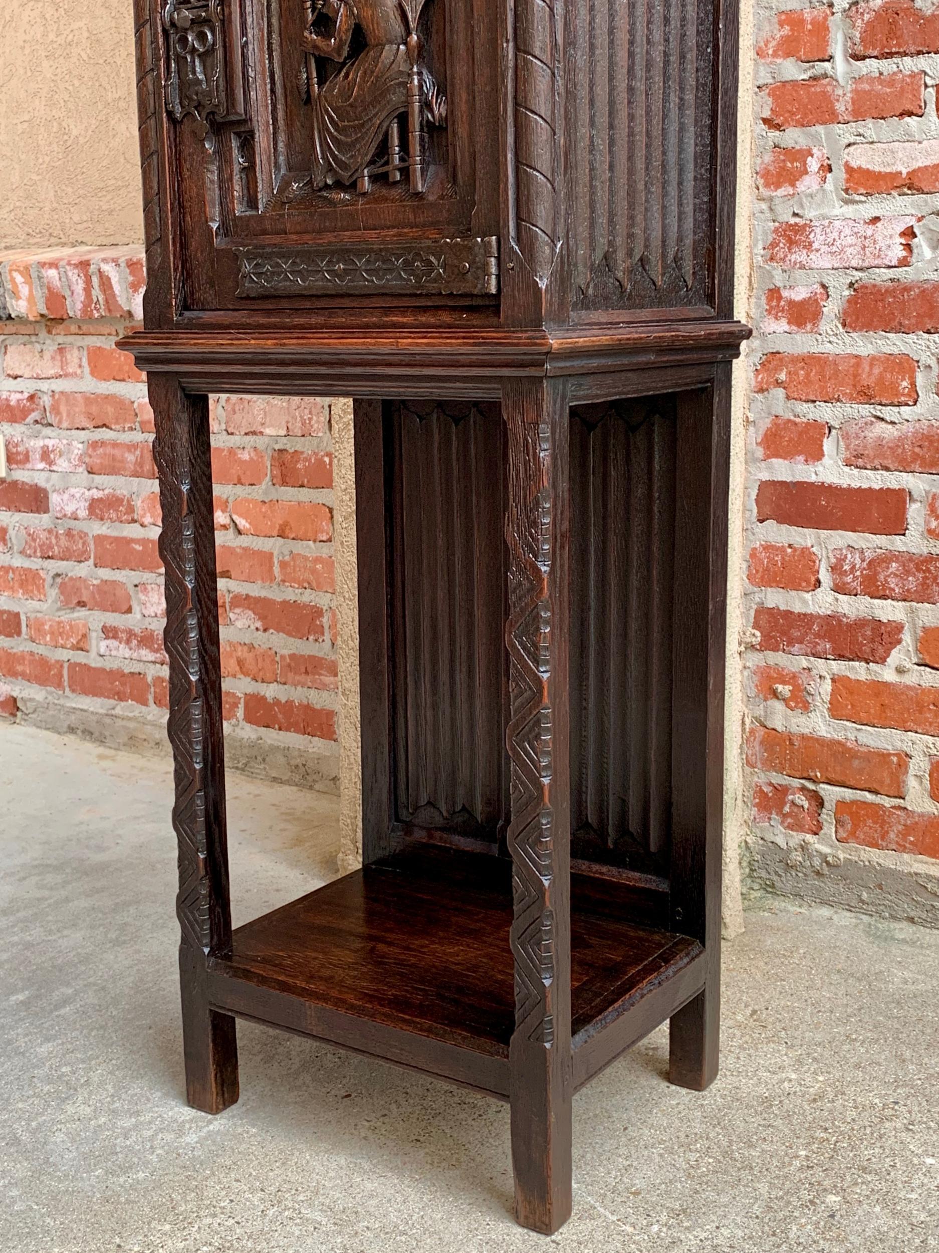 Metal Petite Antique French Carved Oak Gothic Vestment Cabinet Display Bookcase 19th C For Sale