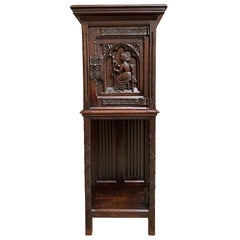 Petite Used French Carved Oak Gothic Vestment Cabinet Display Bookcase 19th C