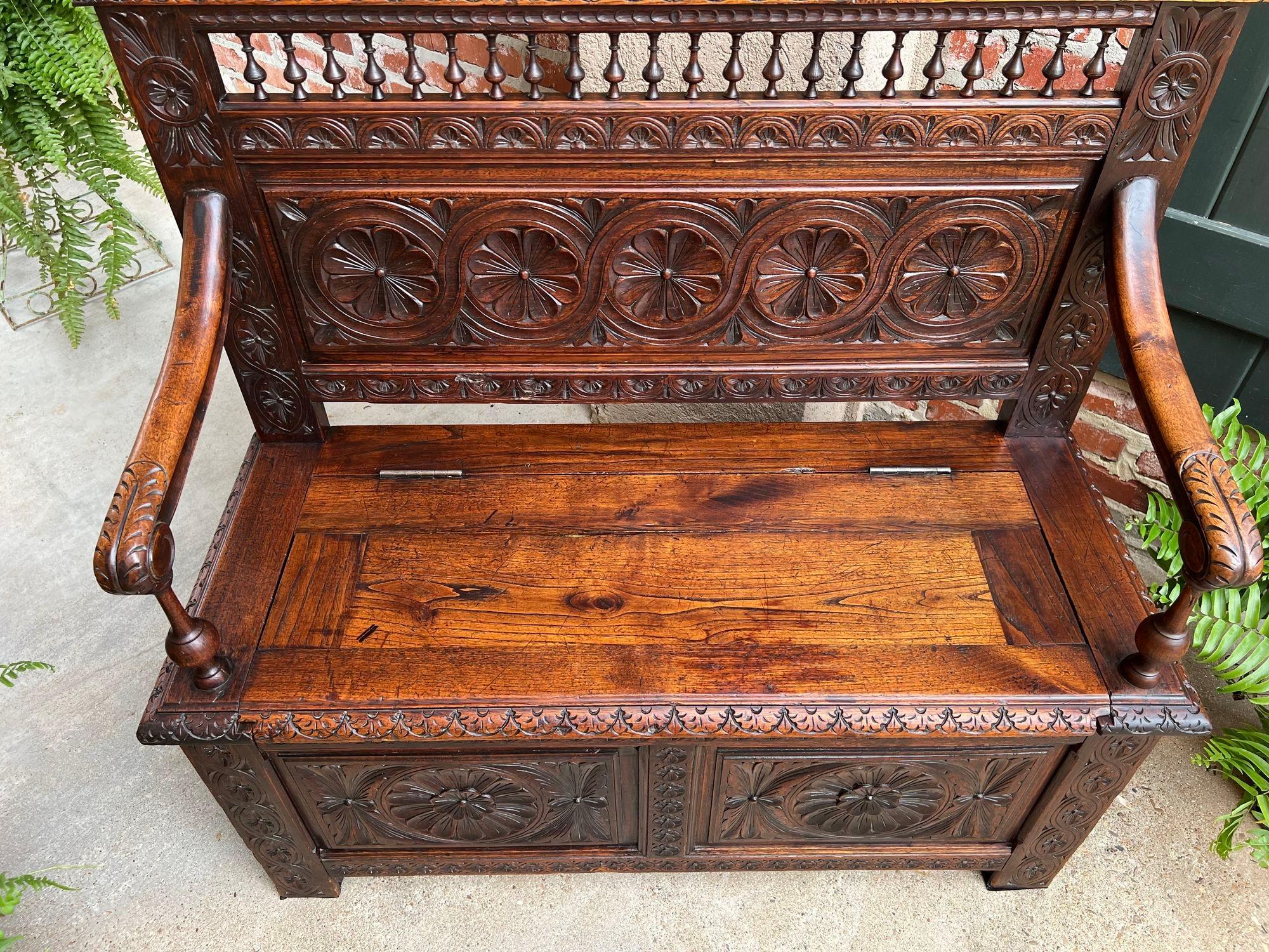 Petite Antique French Carved Oak Hall Bench Breton Brittany Pew Chest Trunk 4