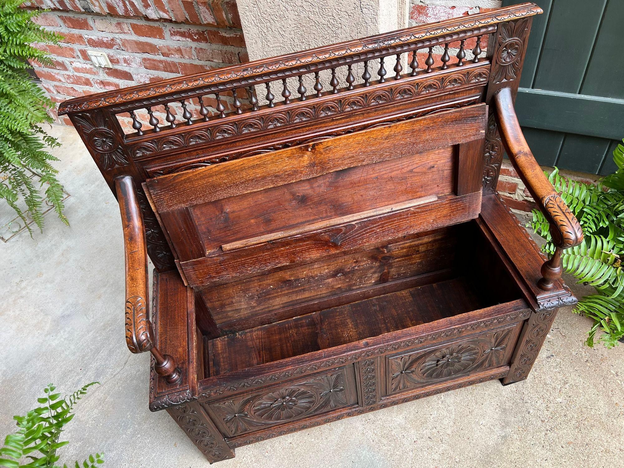 Petite Antique French Carved Oak Hall Bench Breton Brittany Pew Chest Trunk 5