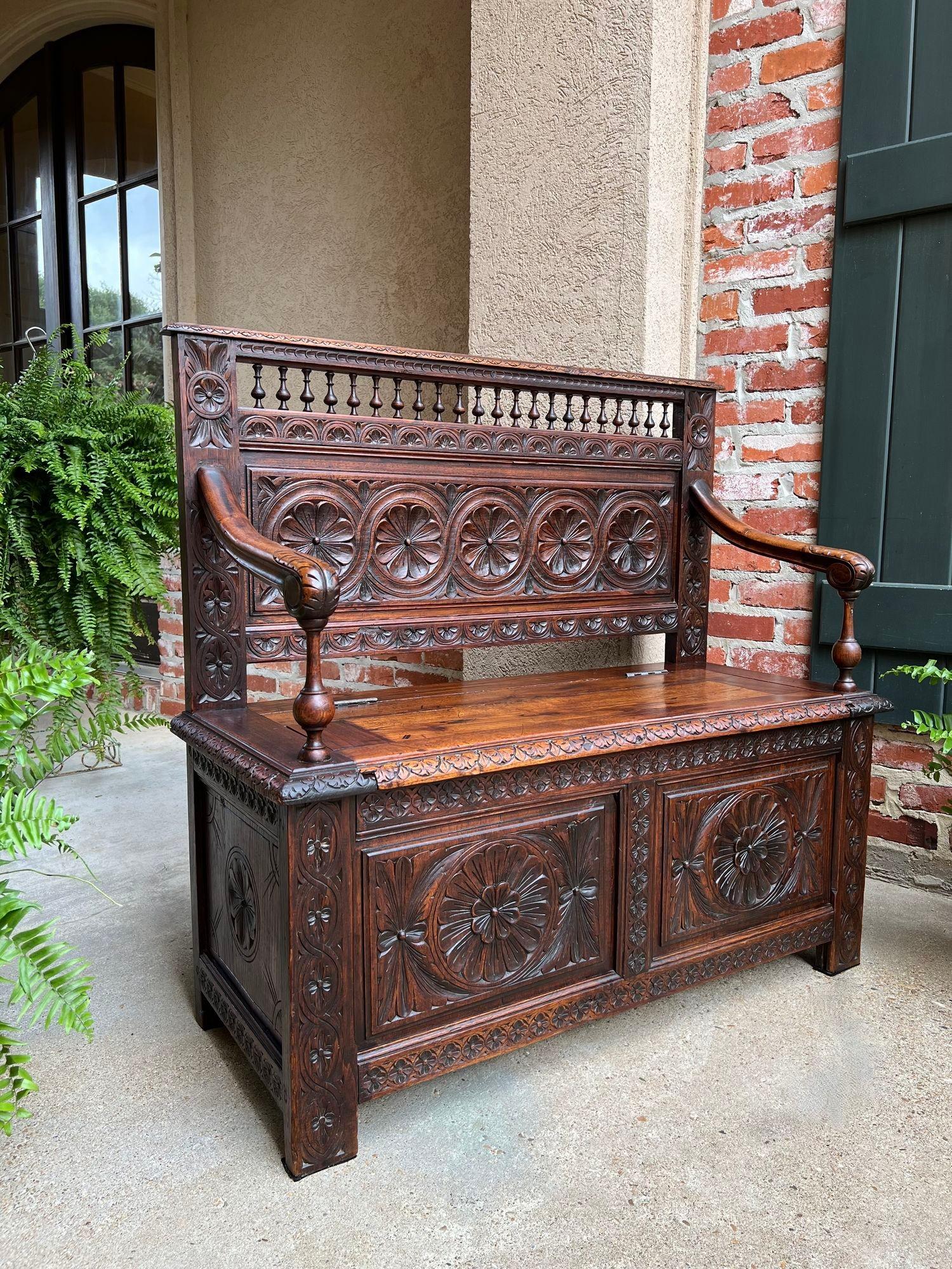 Petite Antique French Carved Oak Hall Bench Breton Brittany Pew Chest Trunk 7