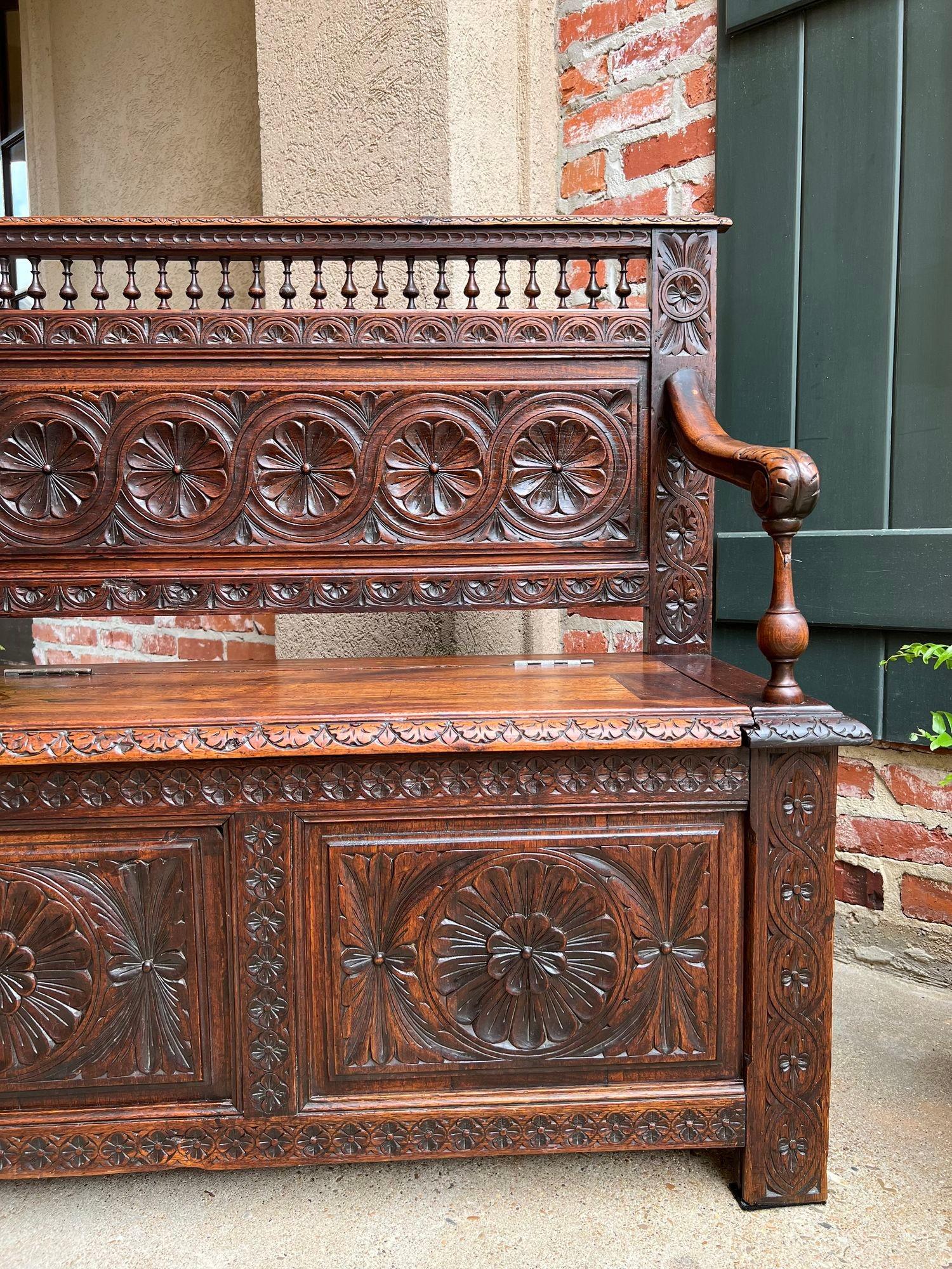 Petite Antique French Carved Oak Hall Bench Breton Brittany Pew Chest Trunk 9