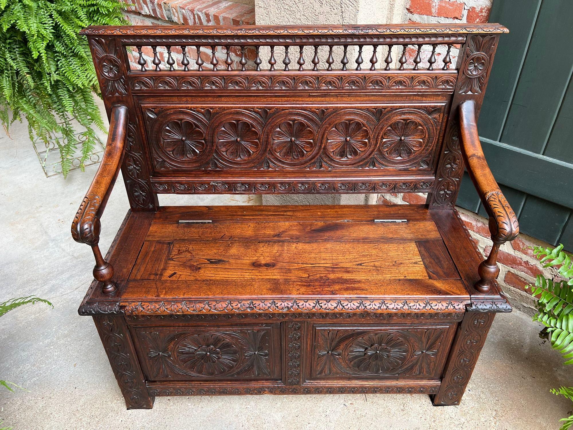 Petite Antique French Carved Oak Hall Bench Breton Brittany Pew Chest Trunk 13