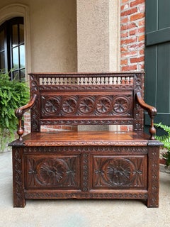 Petite Antique French Carved Oak Hall Bench Breton Brittany Pew Chest Trunk