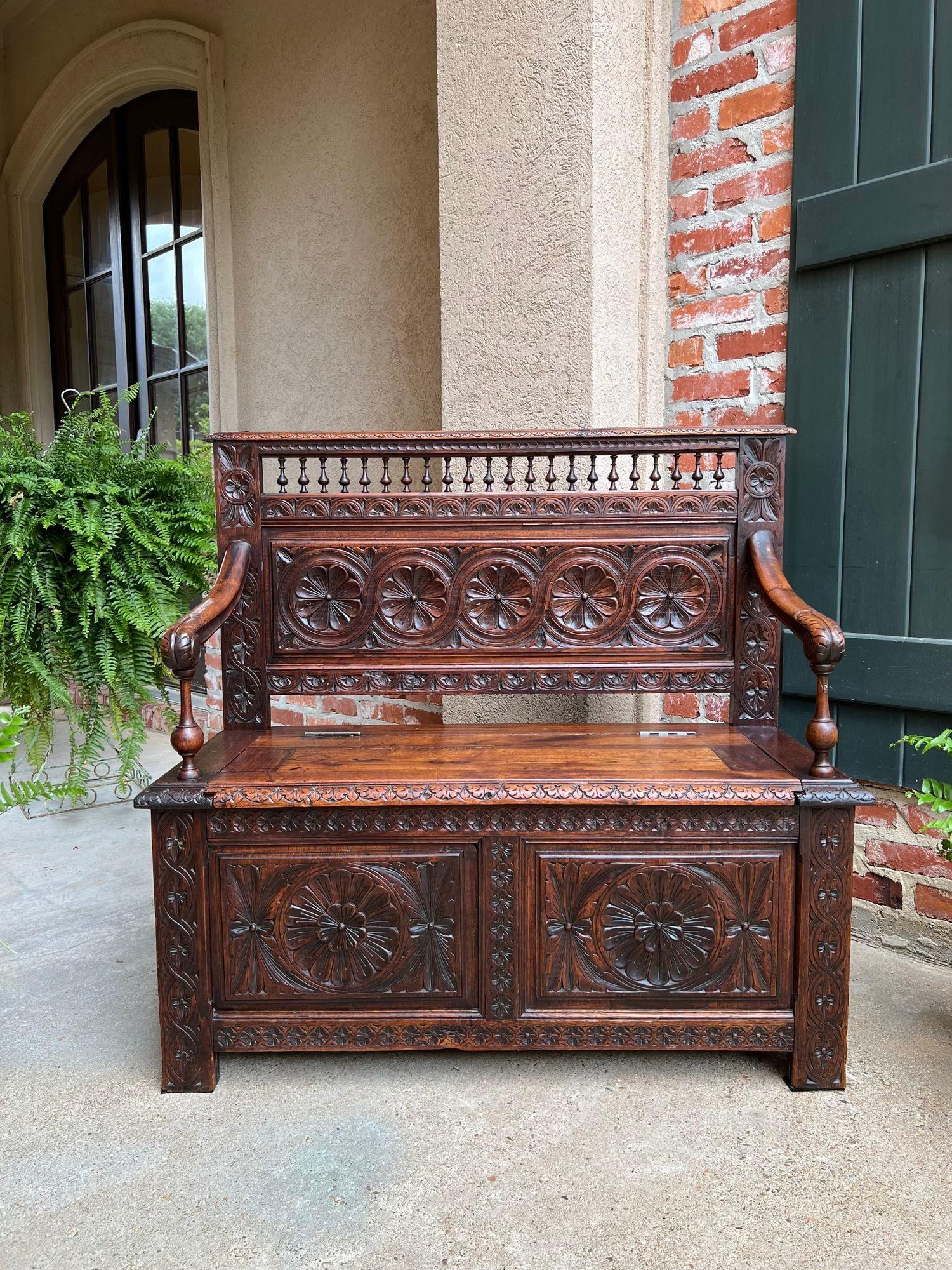 French Provincial Petite Antique French Carved Oak Hall Bench Breton Brittany Pew Chest Trunk