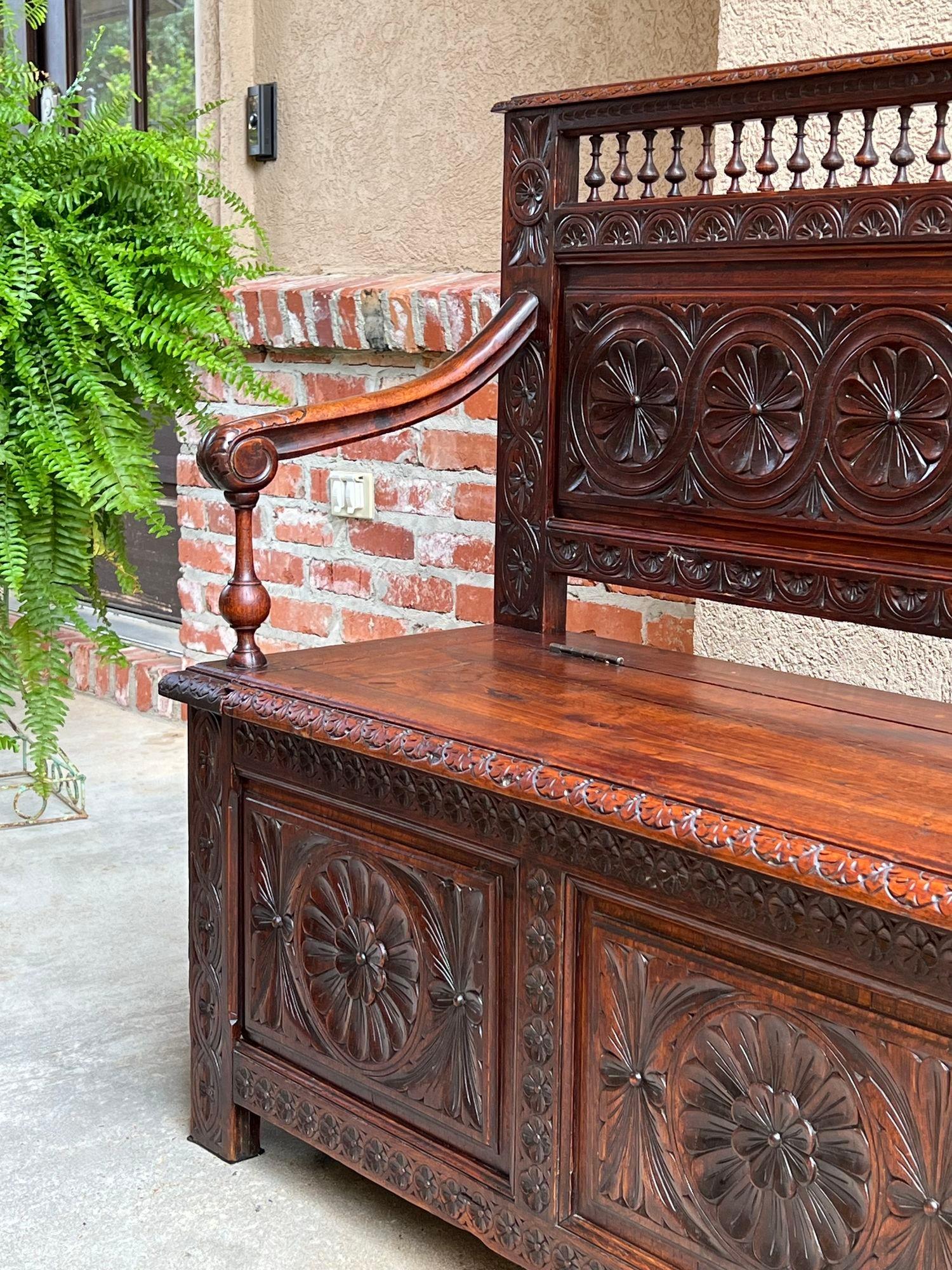 Late 19th Century Petite Antique French Carved Oak Hall Bench Breton Brittany Pew Chest Trunk