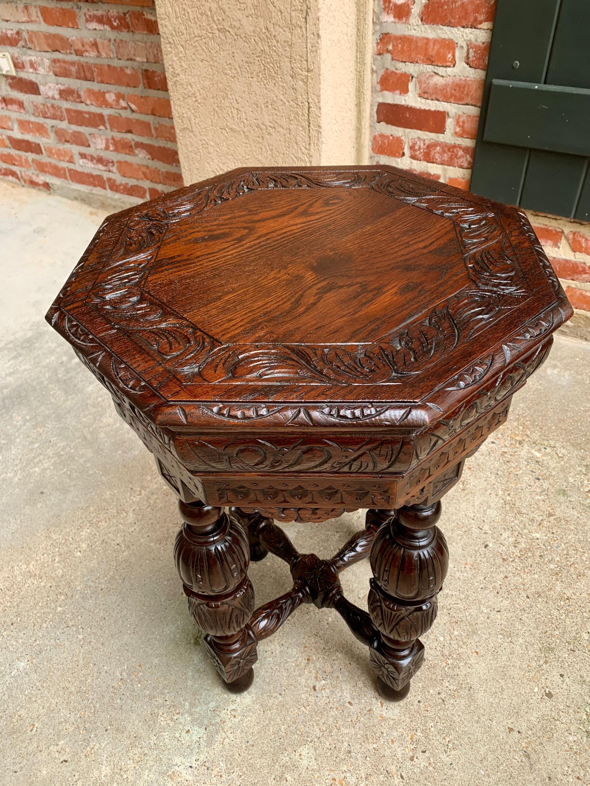 Petite Antique French Carved Oak Octagon Center Table Side End Renaissance 4