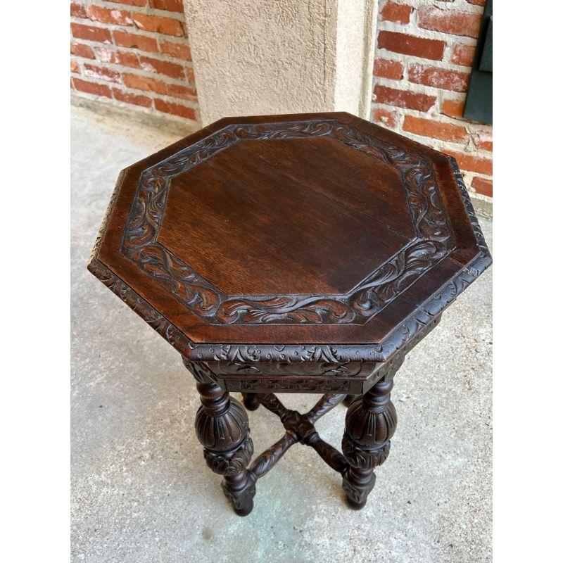 Petite Antique French Carved Oak Octagon Center Table Side End Renaissance 6