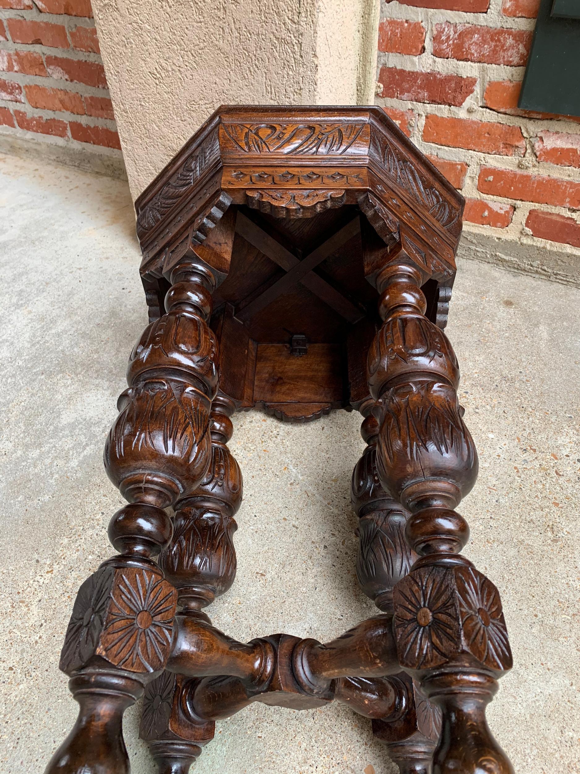 Petite Antique French Carved Oak Octagon Center Table Side End Renaissance 6
