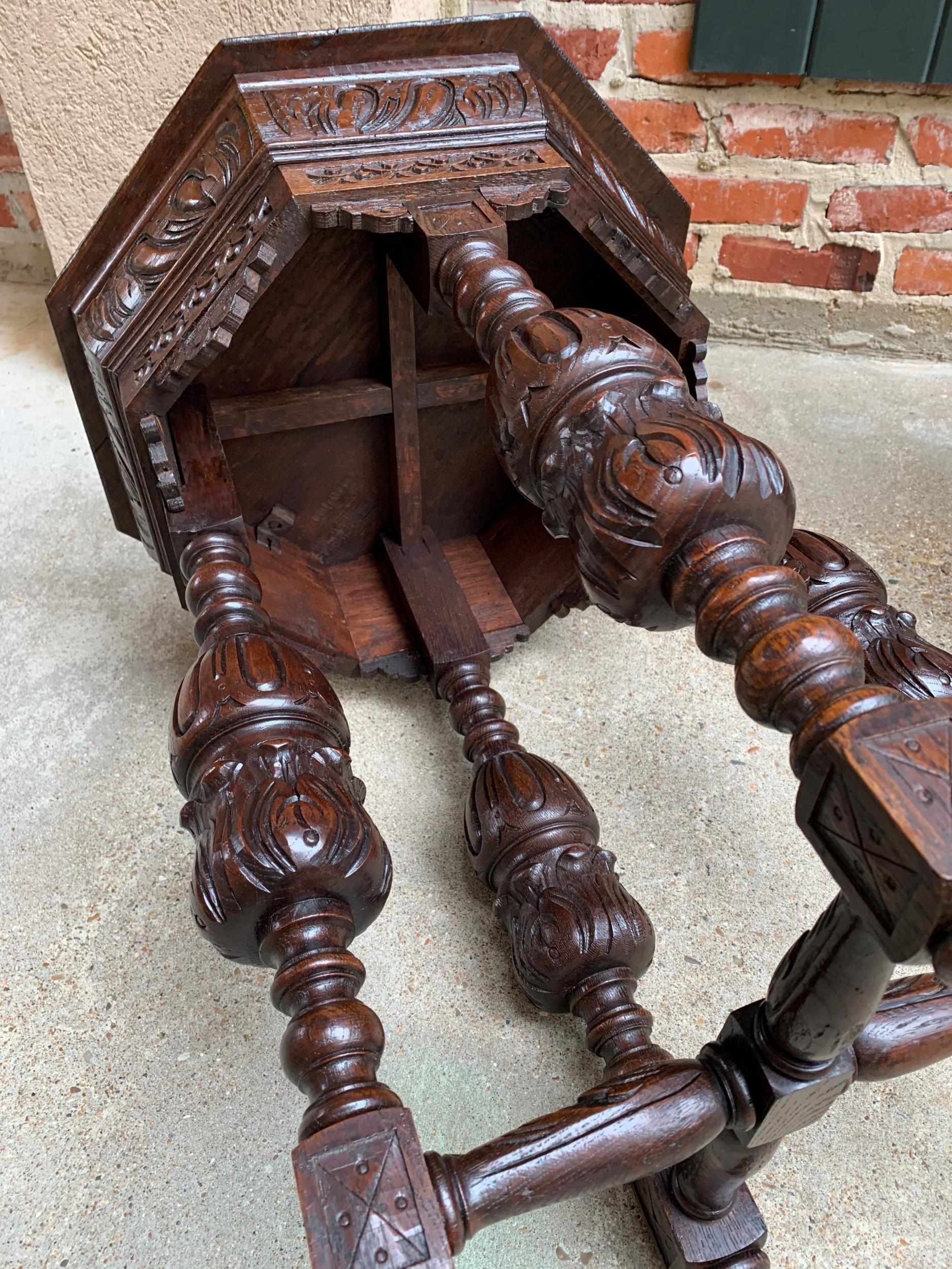 Petite Antique French Carved Oak Octagon Center Table Side End Renaissance 7