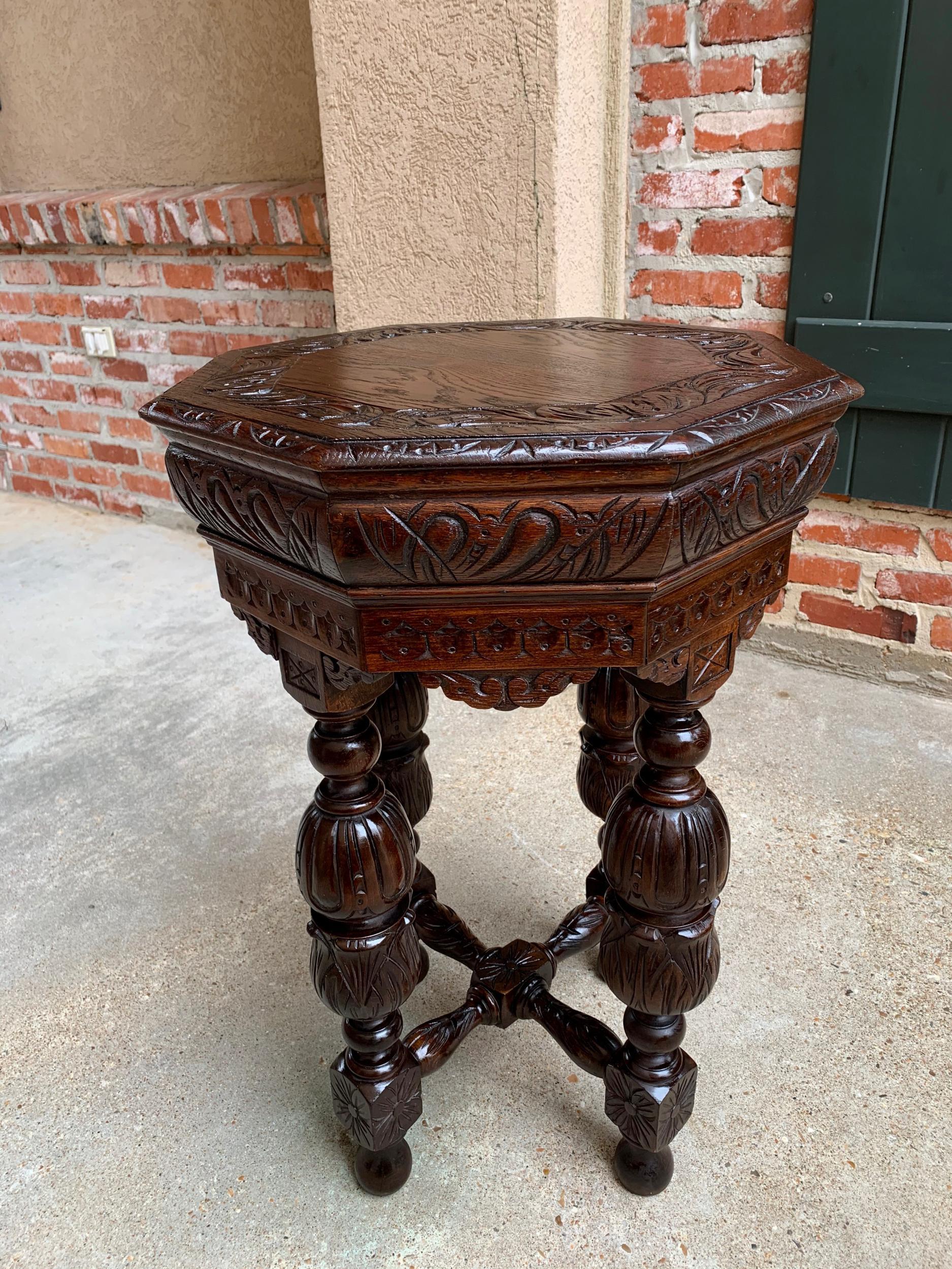 Petite Antique French Carved Oak Octagon Center Table Side End Renaissance 7