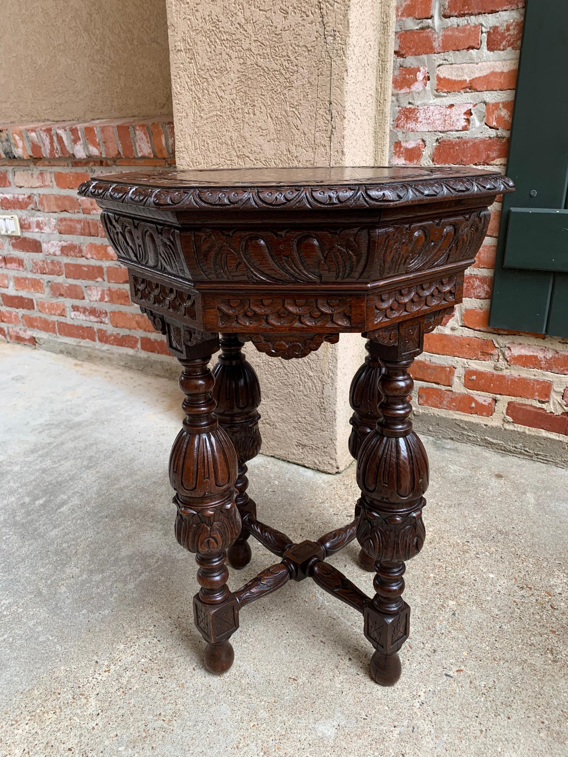 Petite Antique French Carved Oak Octagon Center Table Side End Renaissance 8