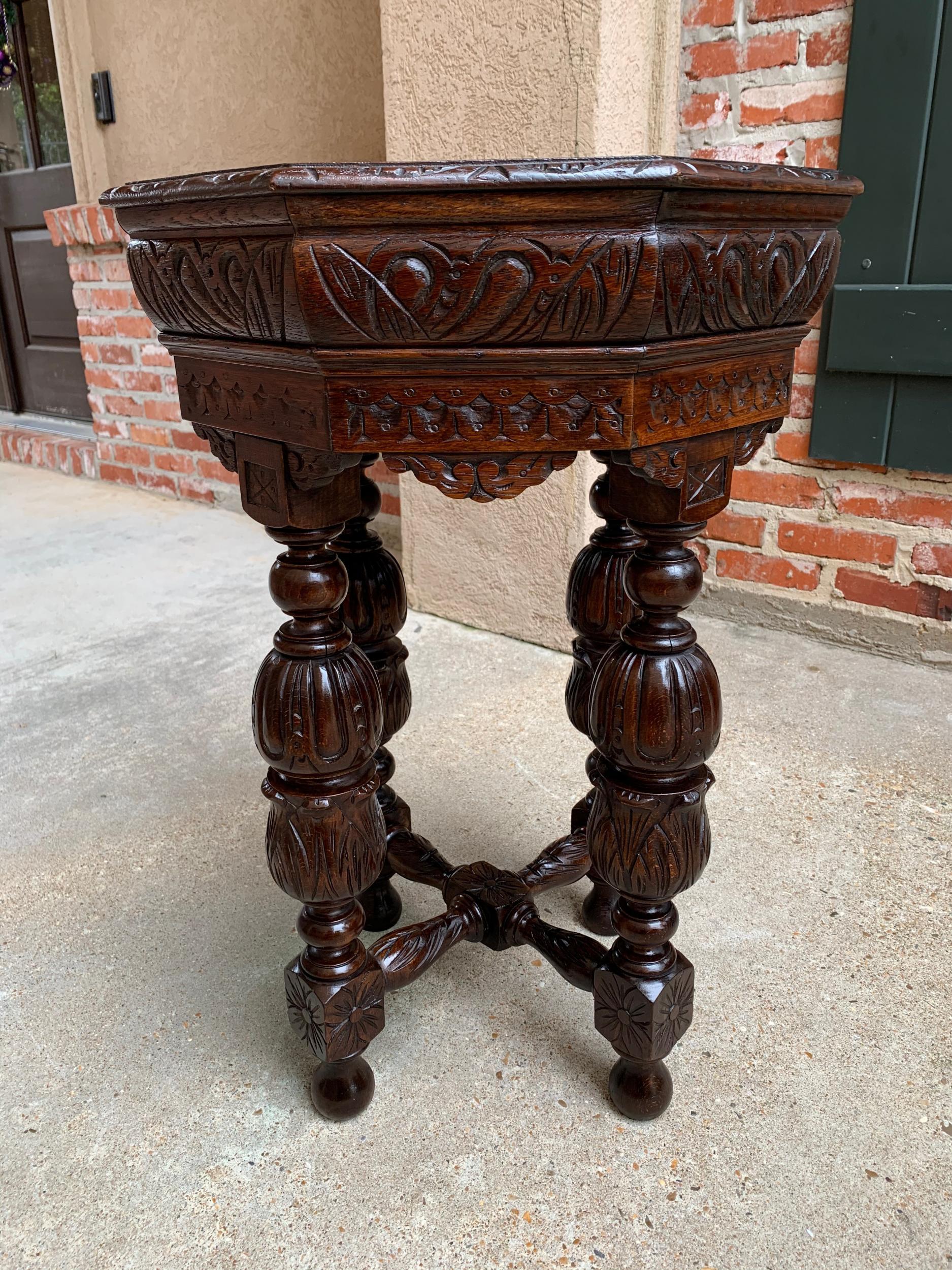 Petite Antique French Carved Oak Octagon Center Table Side End Renaissance 8