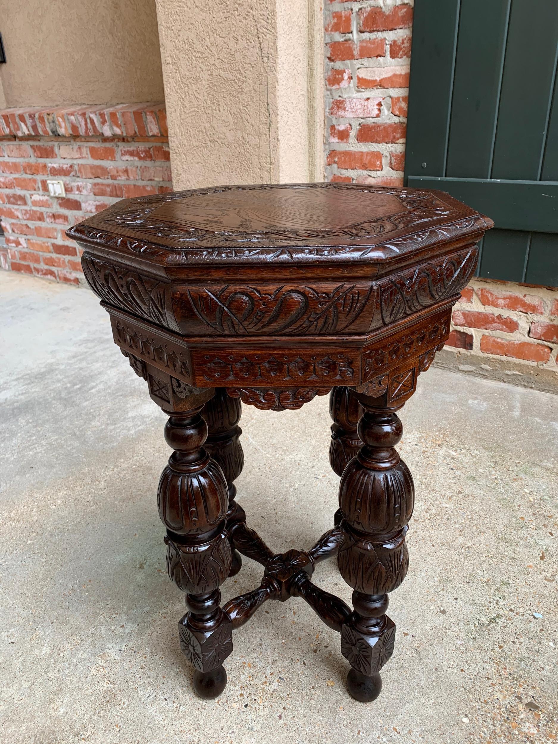Petite Antique French Carved Oak Octagon Center Table Side End Renaissance 9