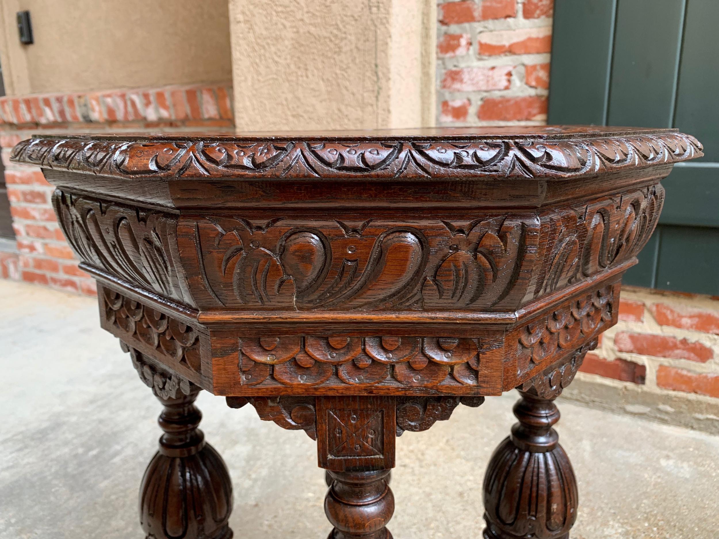Petite Antique French Carved Oak Octagon Center Table Side End Renaissance 10