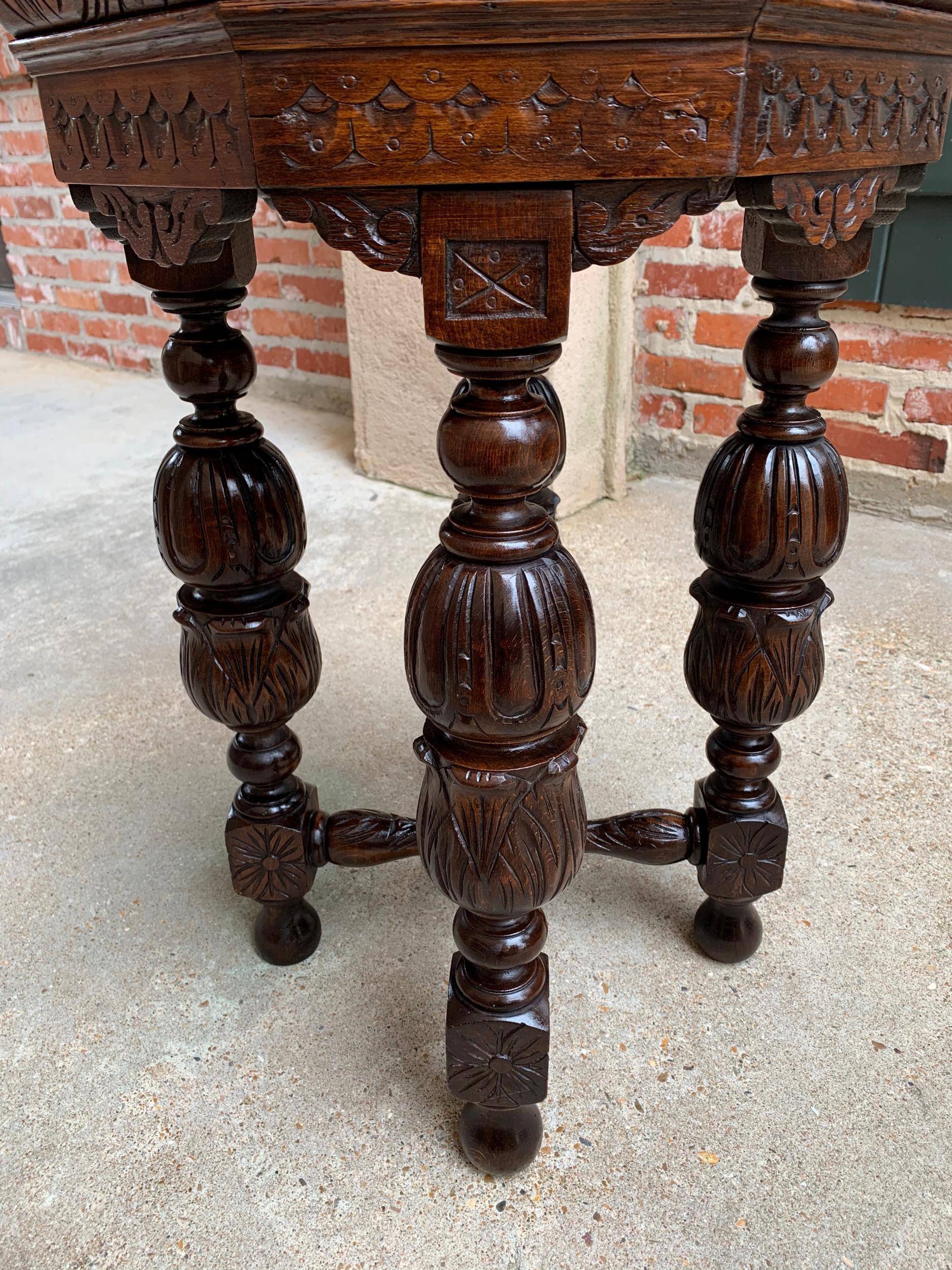 Petite Antique French Carved Oak Octagon Center Table Side End Renaissance 10