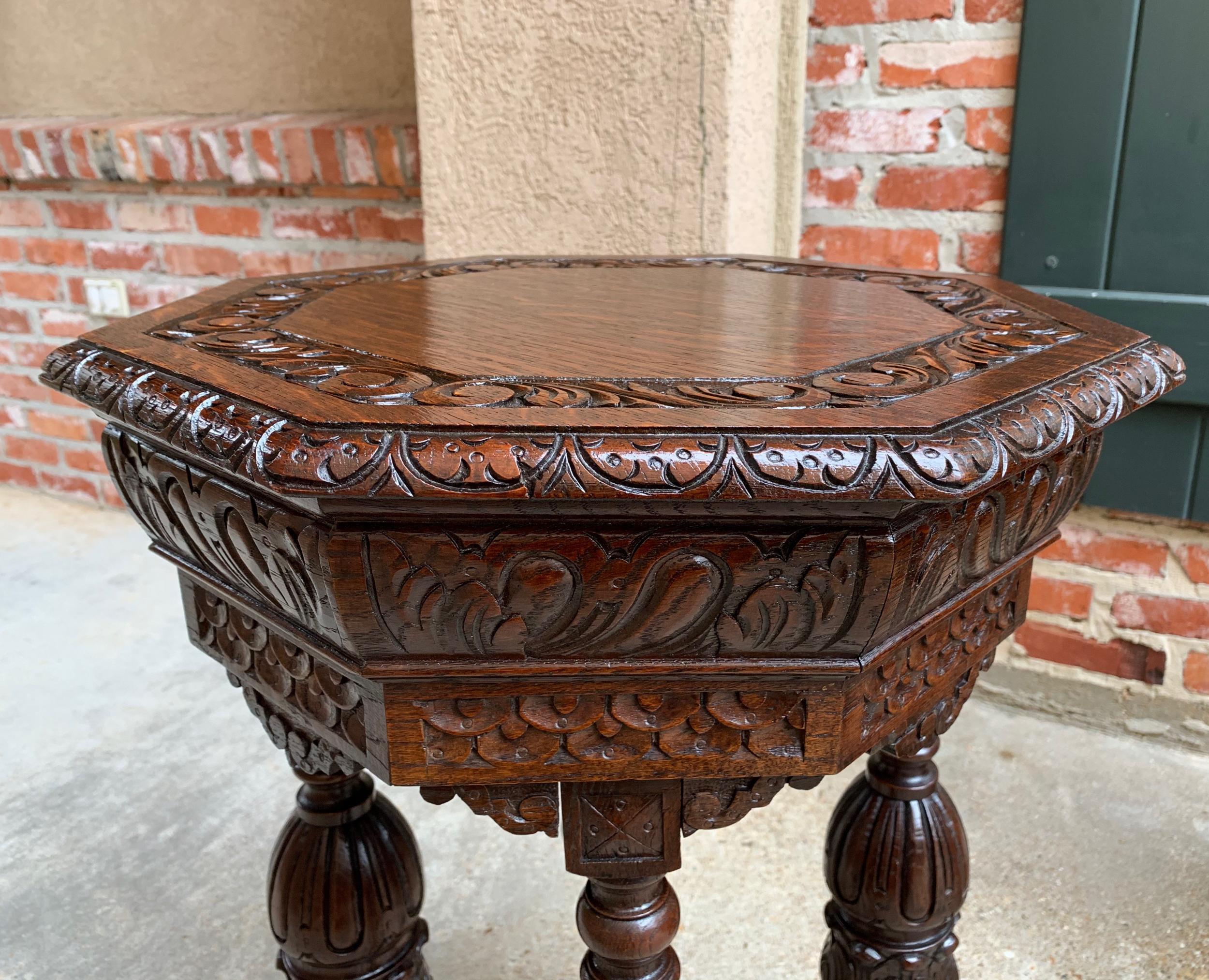 Petite Antique French Carved Oak Octagon Center Table Side End Renaissance 11