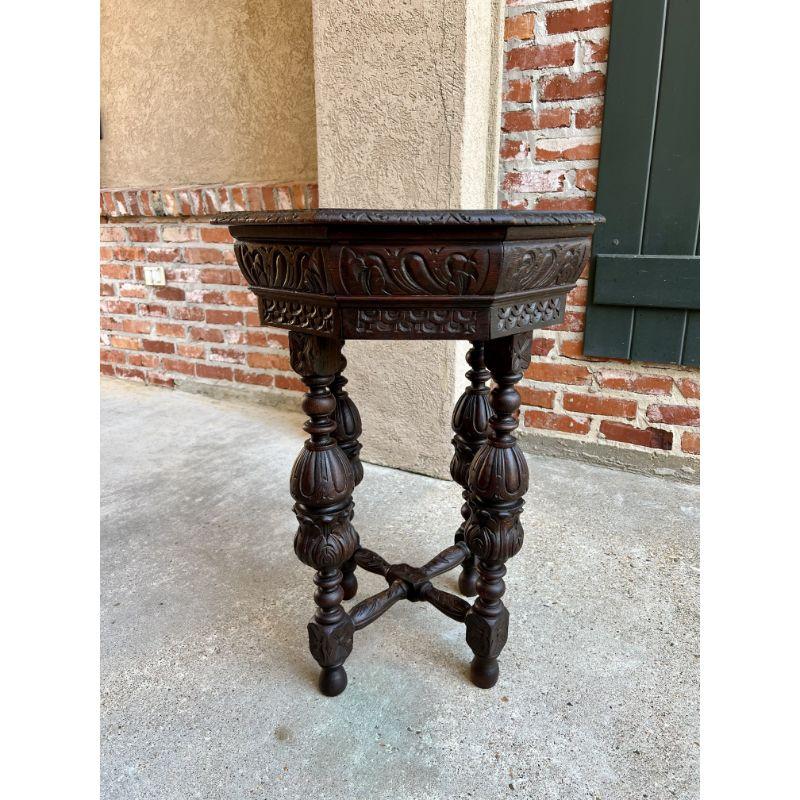 Petite Antique French Carved Oak Octagon Center Table Side End Renaissance 11