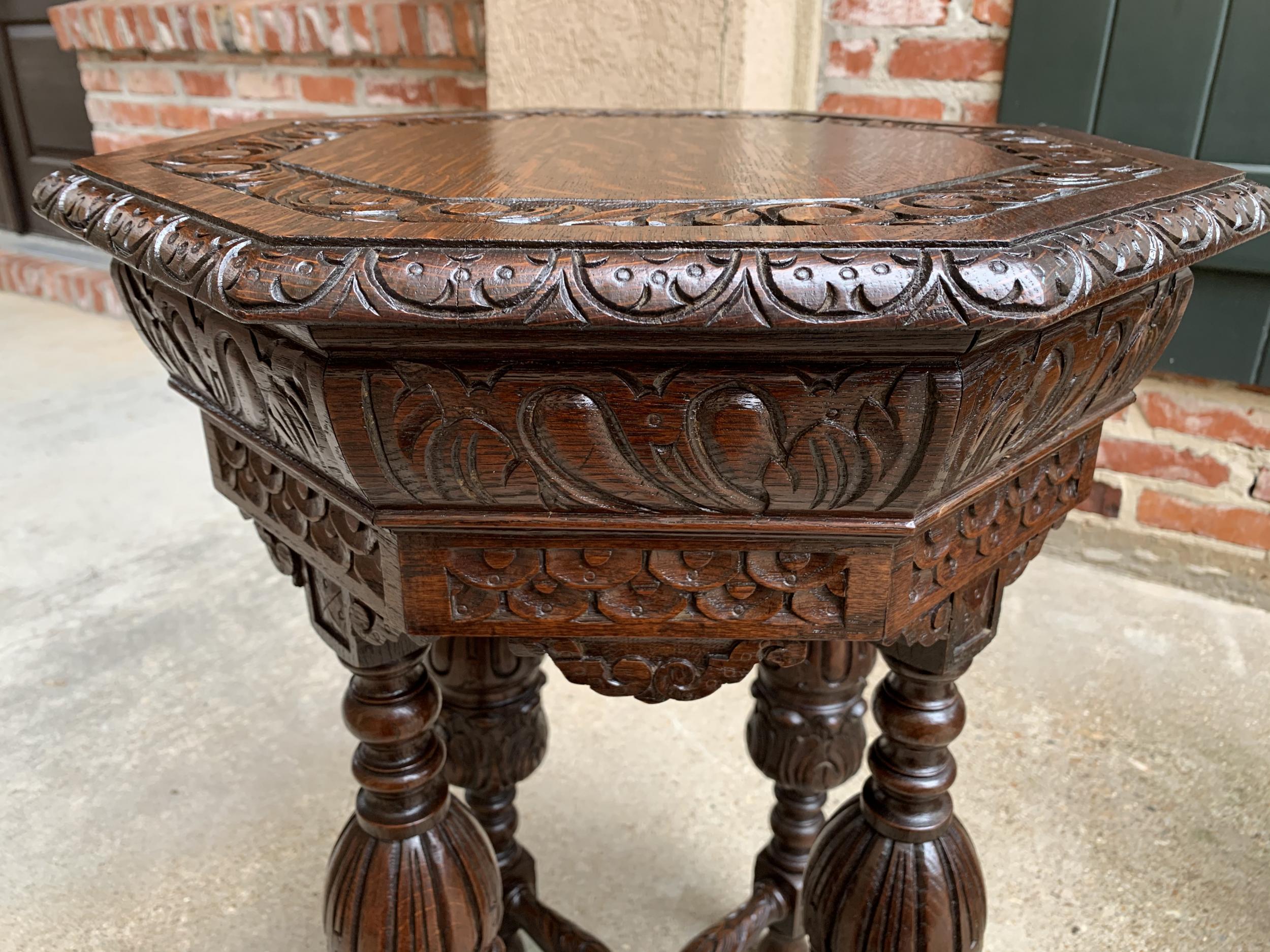 Petite Antique French Carved Oak Octagon Center Table Side End Renaissance 12