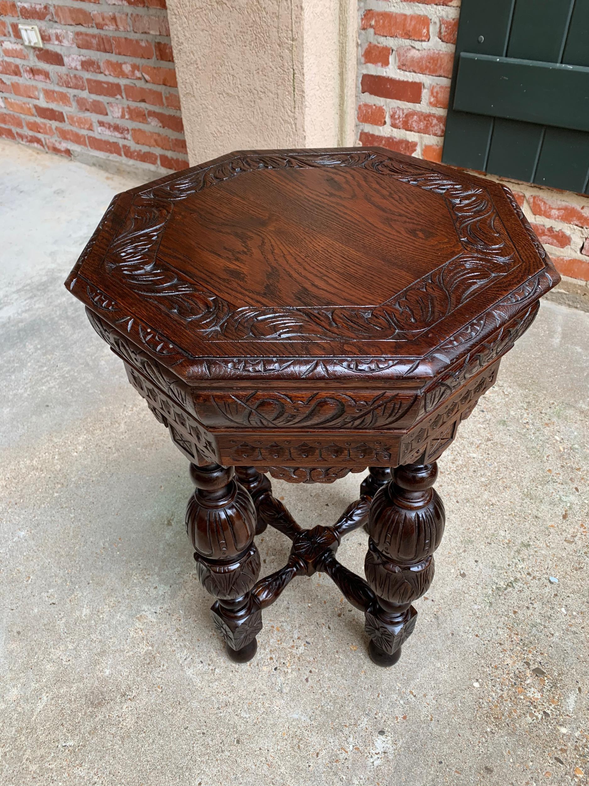 Petite Antique French Carved Oak Octagon Center Table Side End Renaissance 12