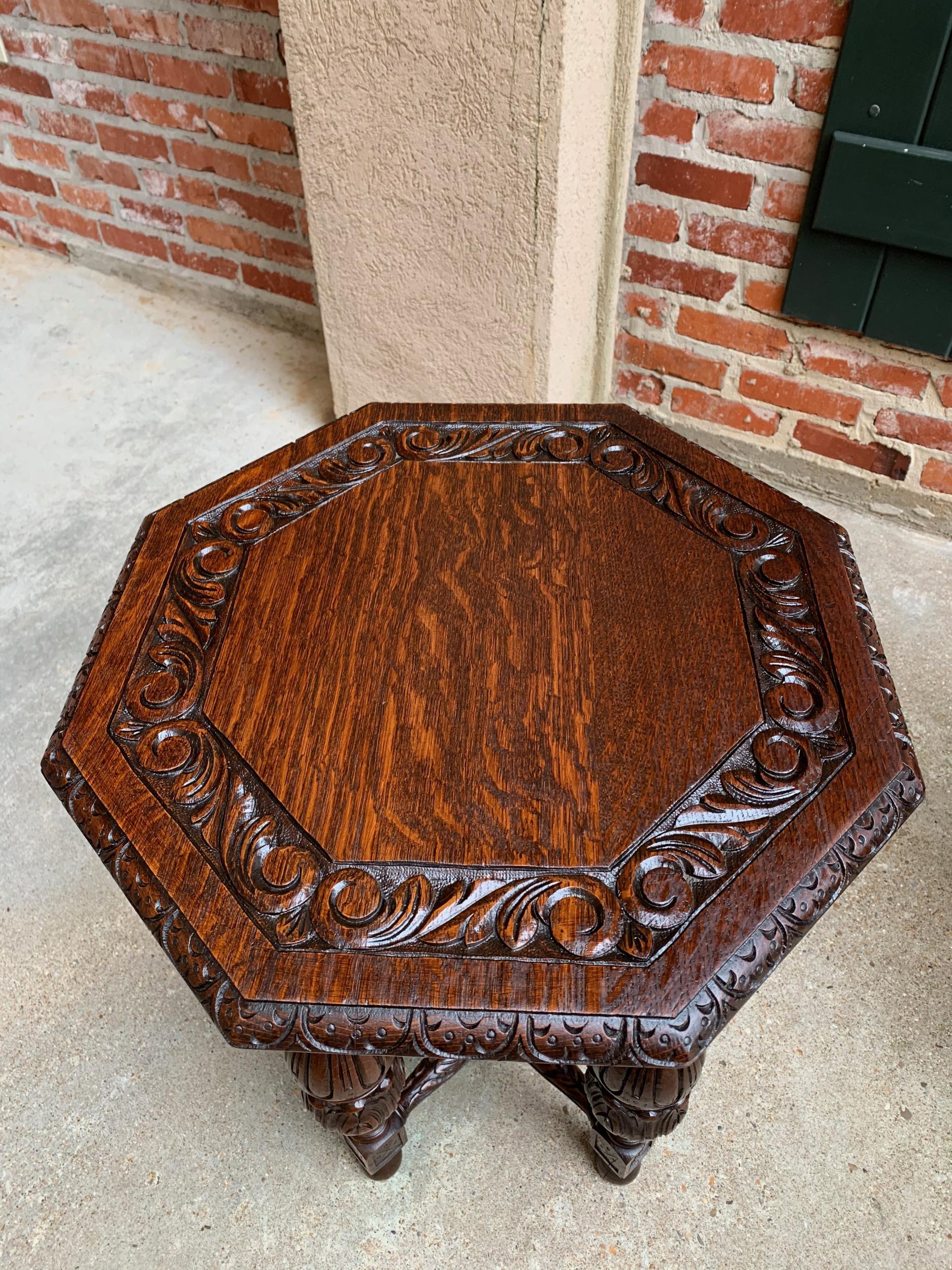 Petite Antique French Carved Oak Octagon Center Table Side End Renaissance 13