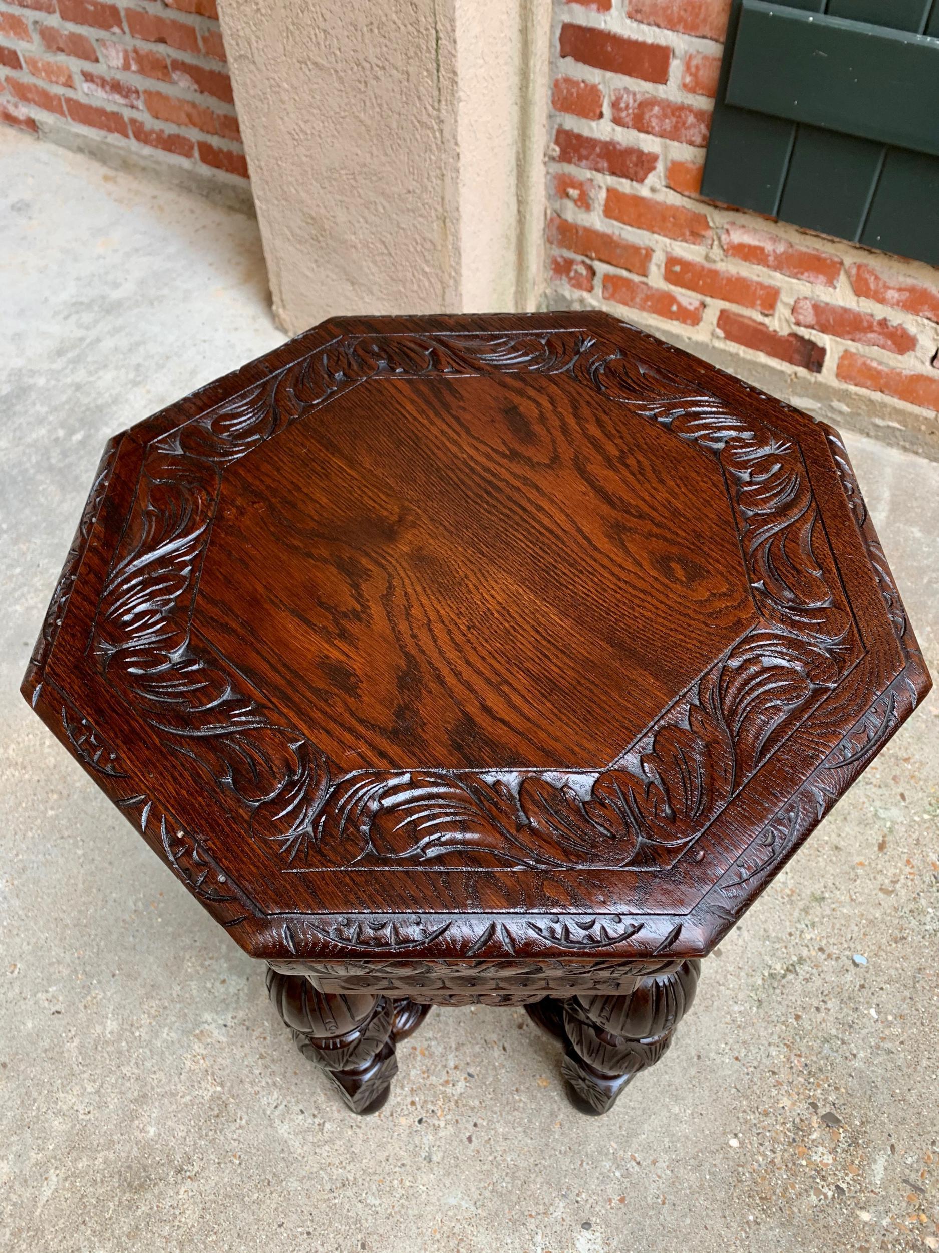 Petite Antique French Carved Oak Octagon Center Table Side End Renaissance 13