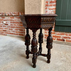 Petite Antique French Carved Oak Octagon Center Table Side End Renaissance