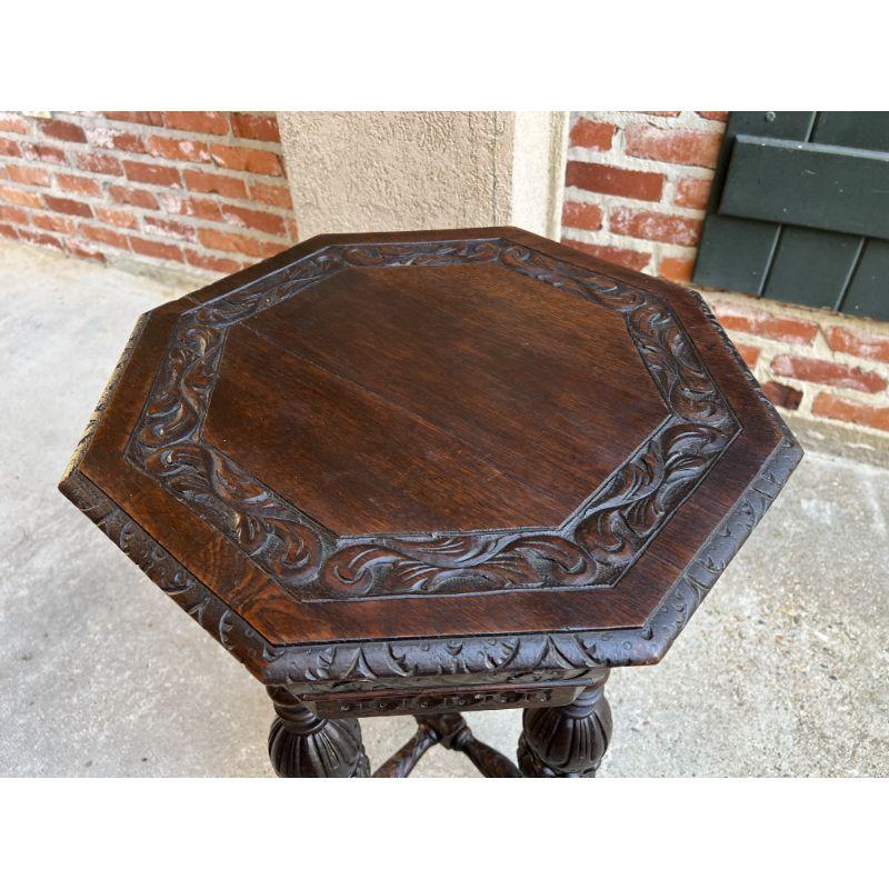 Petite Antique French Carved Oak Octagon Center Table Side End Renaissance 15