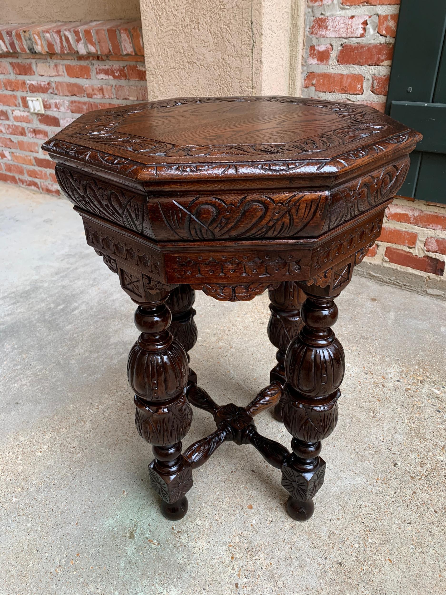 Hand-Carved Petite Antique French Carved Oak Octagon Center Table Side End Renaissance