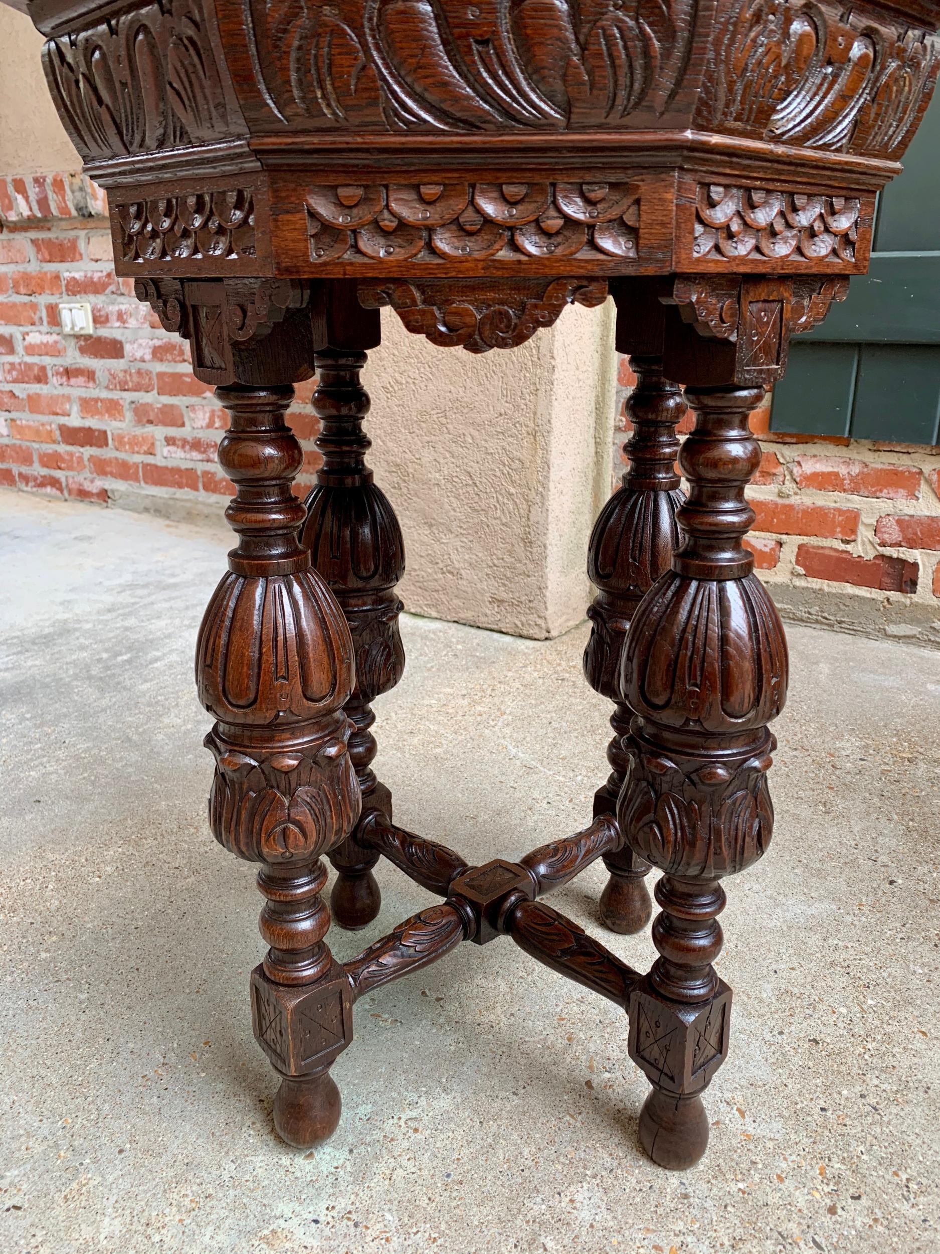 19th Century Petite Antique French Carved Oak Octagon Center Table Side End Renaissance