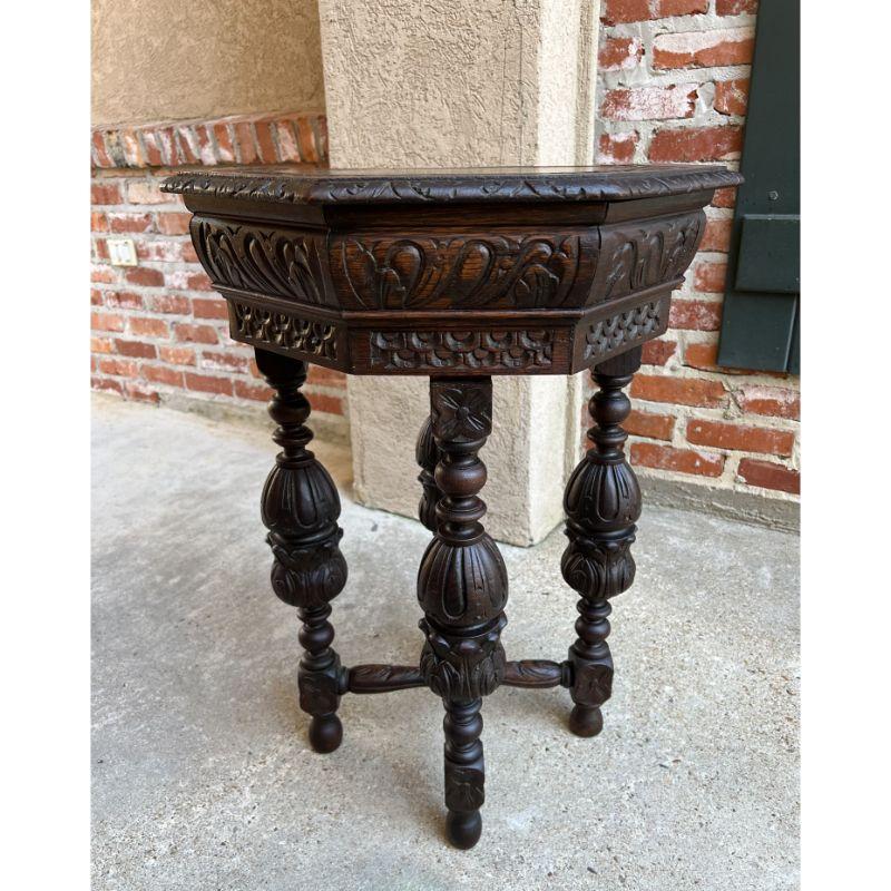 Late 19th Century Petite Antique French Carved Oak Octagon Center Table Side End Renaissance