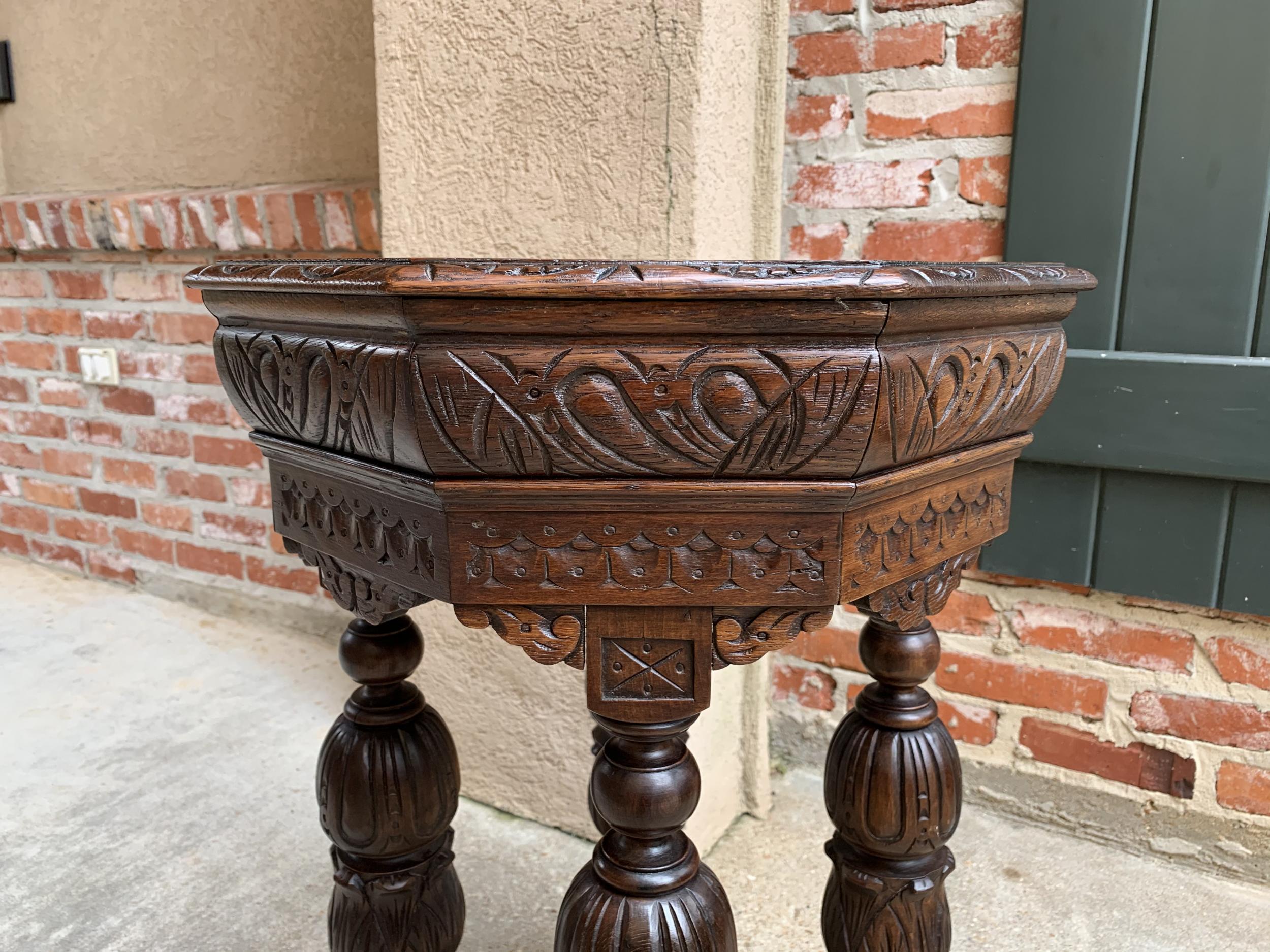 19th Century Petite Antique French Carved Oak Octagon Center Table Side End Renaissance