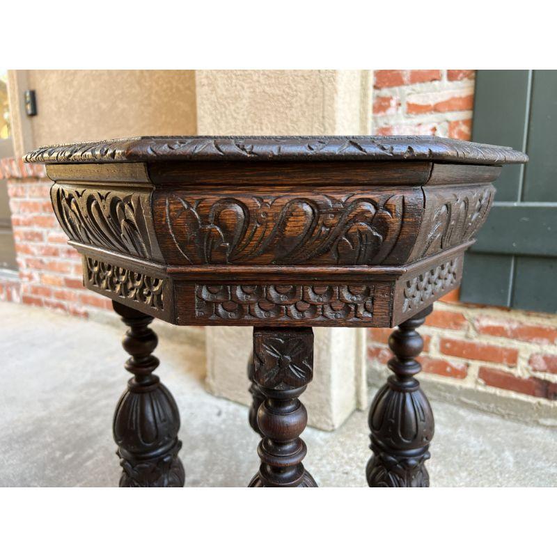 Petite Antique French Carved Oak Octagon Center Table Side End Renaissance 1
