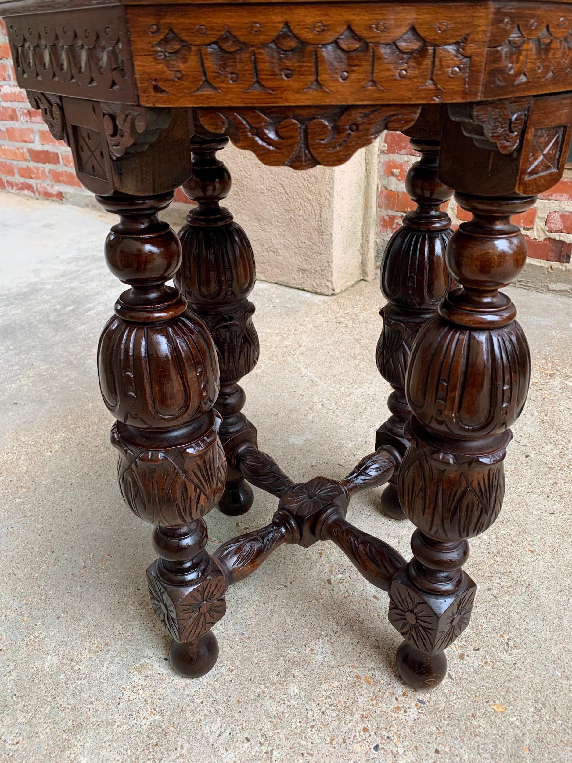 Petite Antique French Carved Oak Octagon Center Table Side End Renaissance 1
