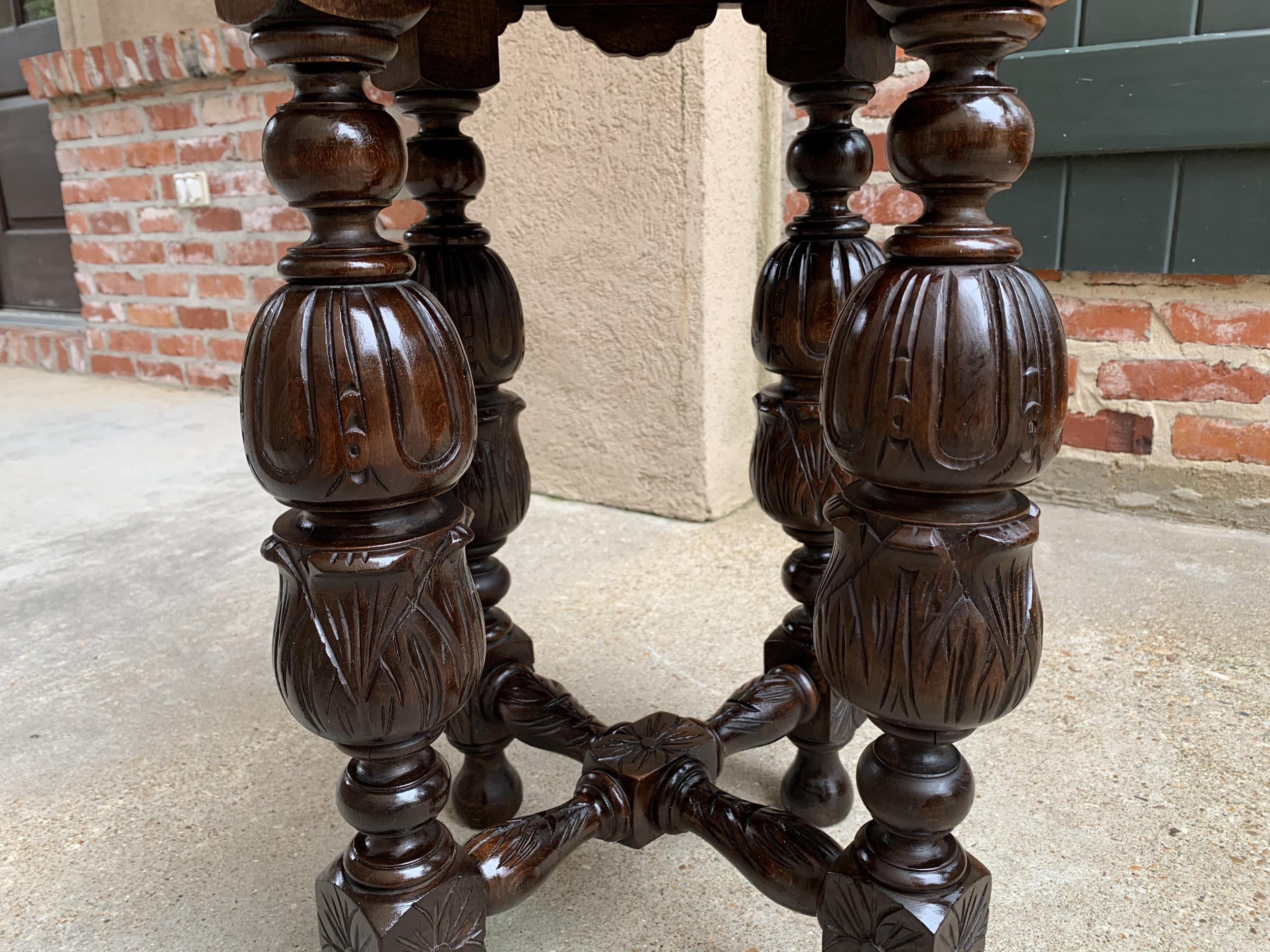 Petite Antique French Carved Oak Octagon Center Table Side End Renaissance 2