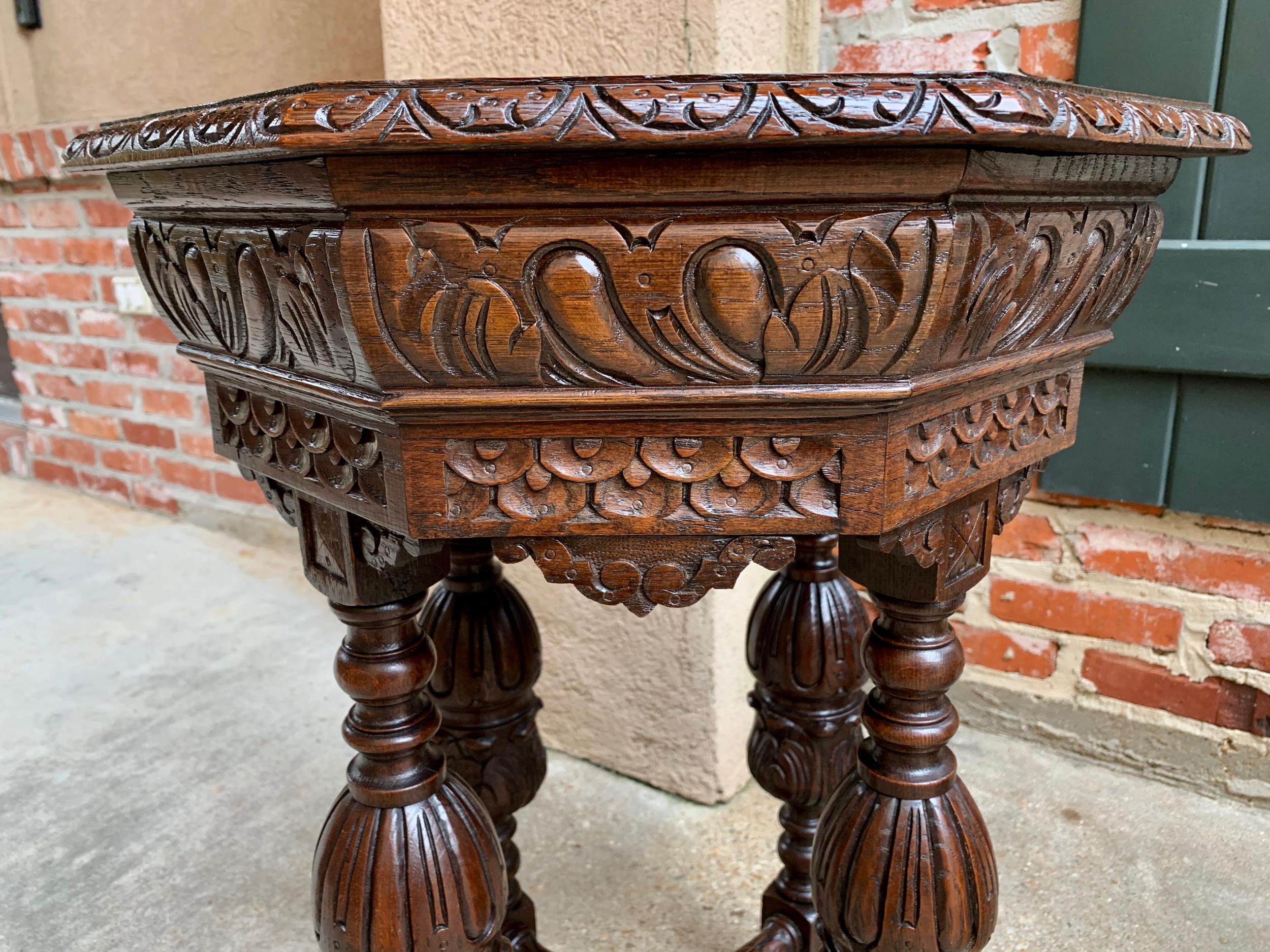 Petite Antique French Carved Oak Octagon Center Table Side End Renaissance 3