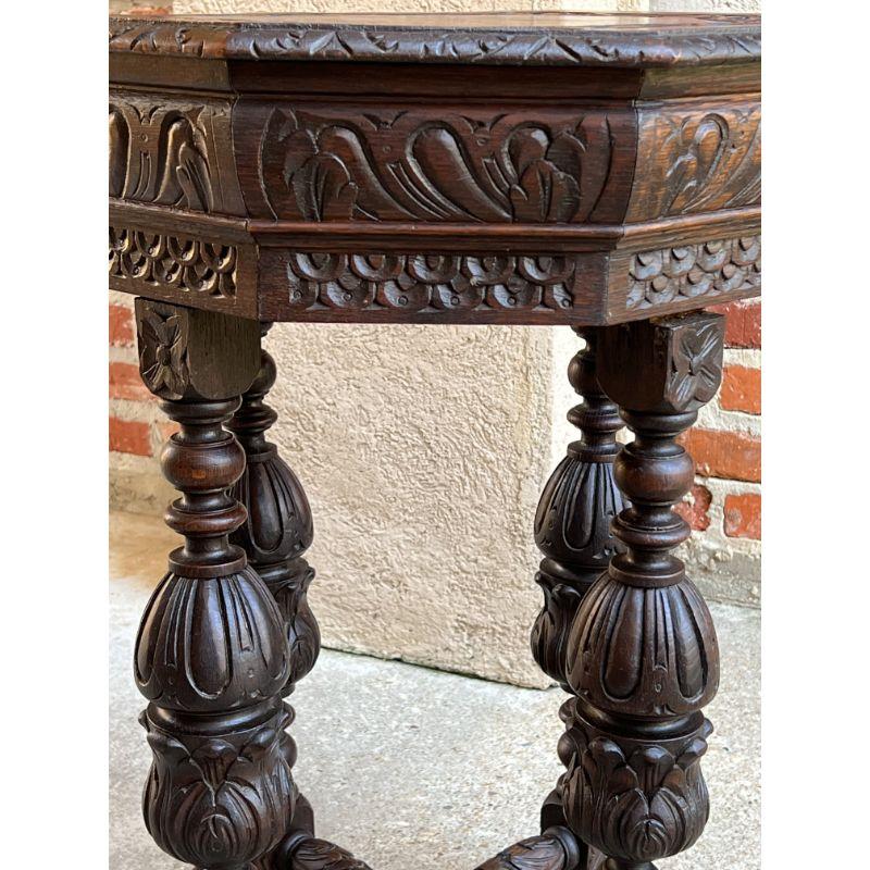 Petite Antique French Carved Oak Octagon Center Table Side End Renaissance 3