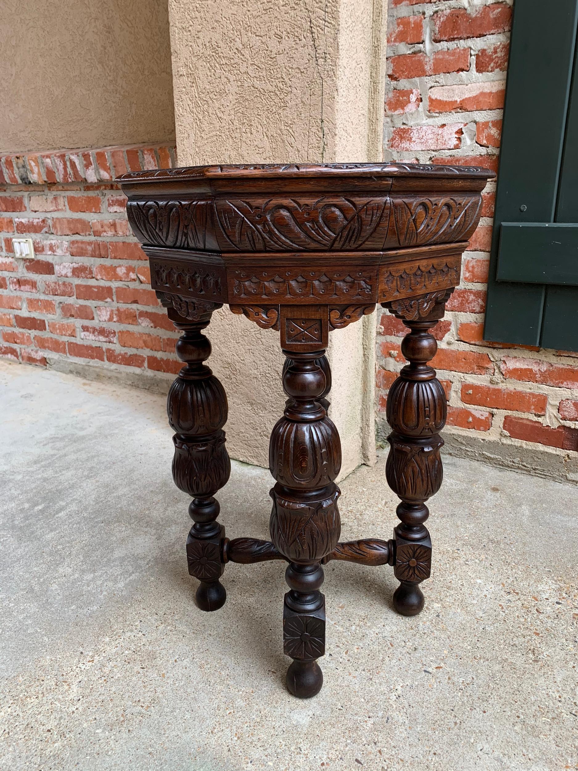 Petite Antique French Carved Oak Octagon Center Table Side End Renaissance 3