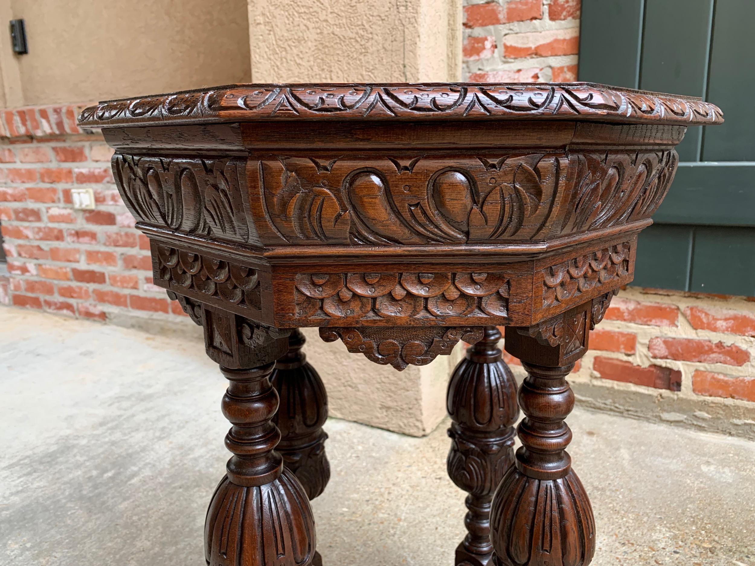 Petite Antique French Carved Oak Octagon Center Table Side End Renaissance 4