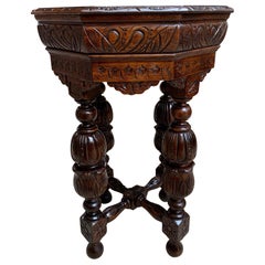Petite Antique French Carved Oak Octagon Center Table Side End Renaissance