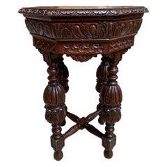 Petite Antique French Carved Oak Octagon Center Table Side End Renaissance