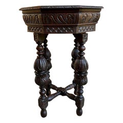 Petite Antique French Carved Oak Octagon Center Table Side End Renaissance