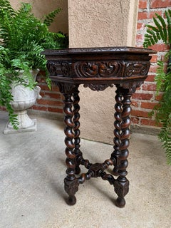 Petite Antique French Carved Oak Octagon Table Side End Barley Twist Louis XIII