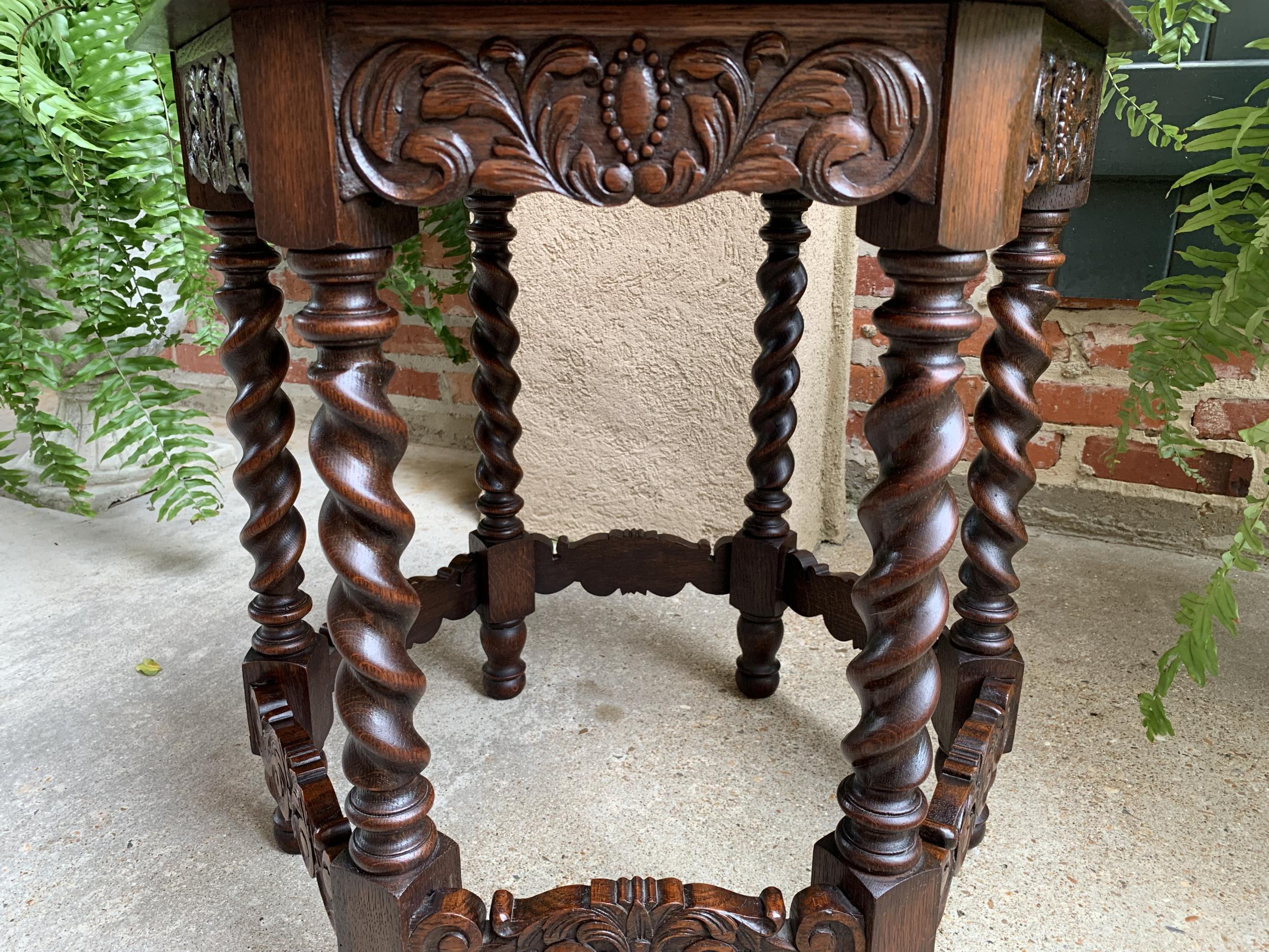 Petite Antique French Carved Oak Octagon Wine Tea Side Table Barley Twist, c1900 5