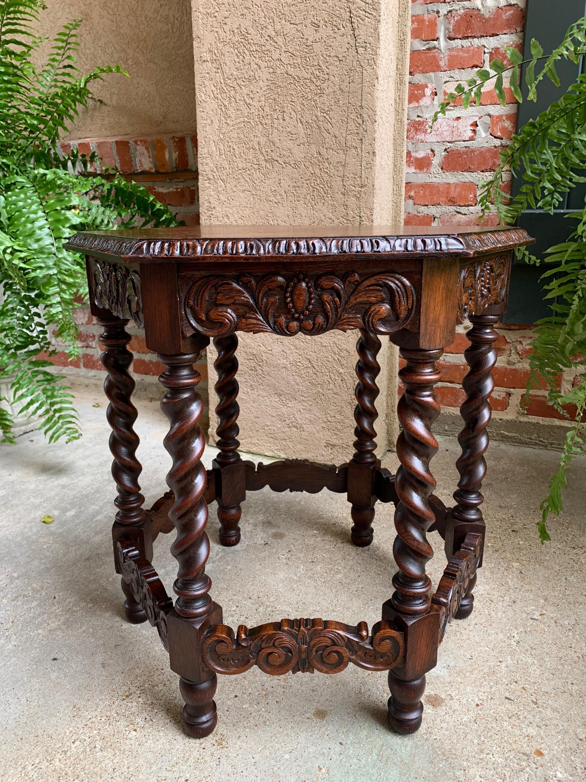 Petite Antique French Carved Oak Octagon Wine Tea Side Table Barley Twist, c1900 8