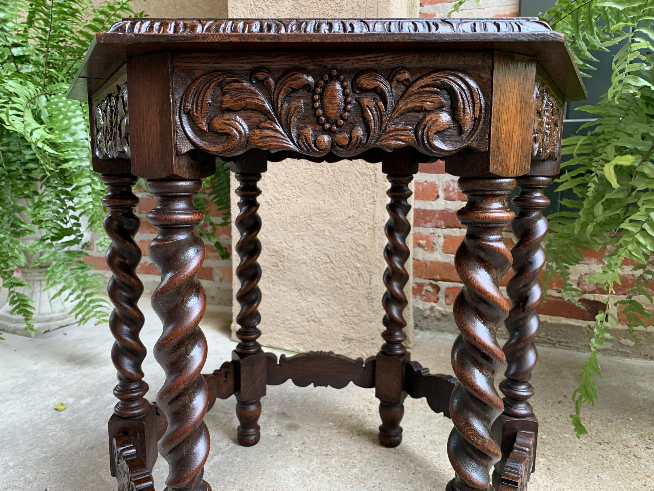 Petite Antique French Carved Oak Octagon Wine Tea Side Table Barley Twist, c1900 9