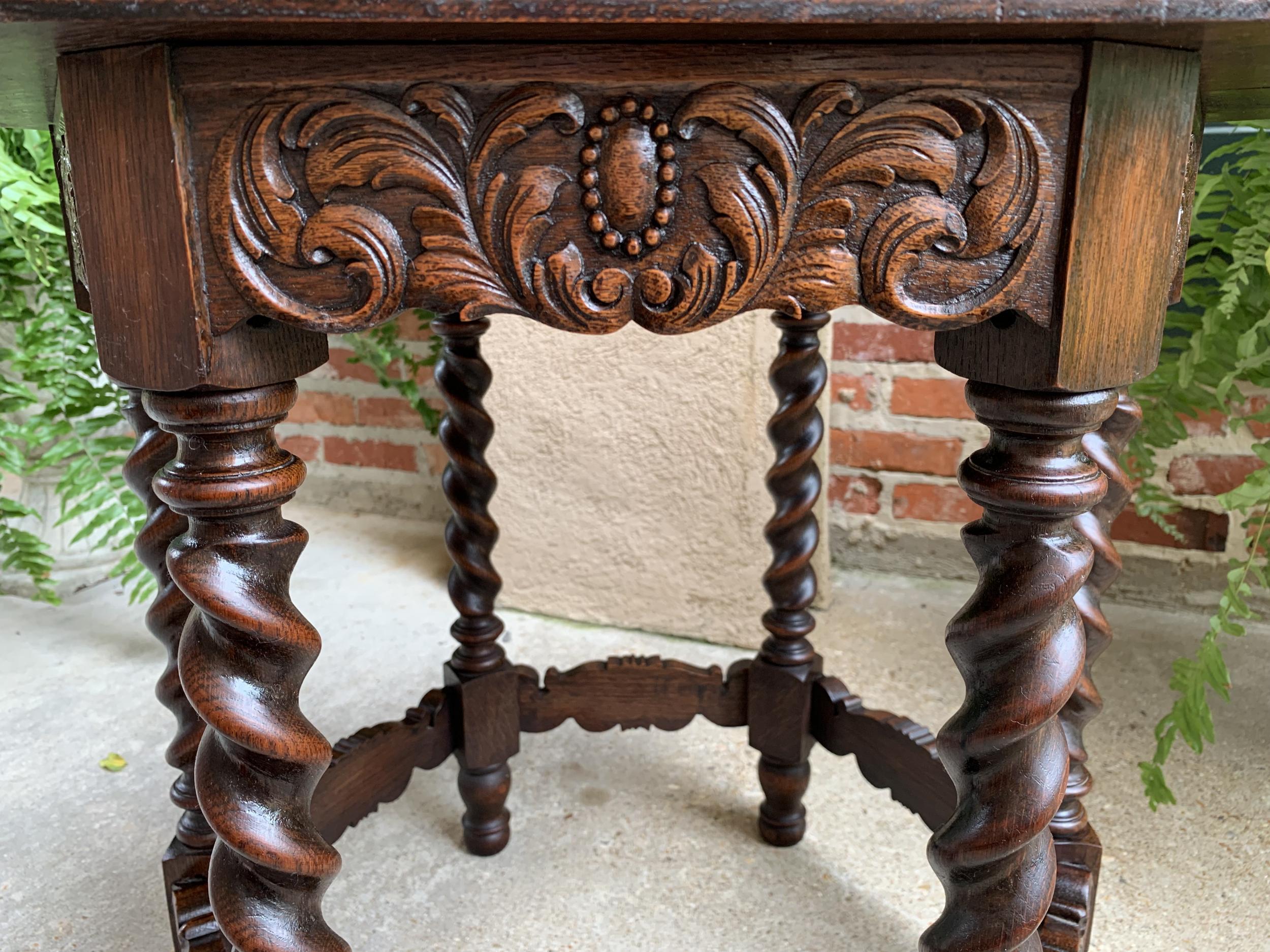 Petite Antique French Carved Oak Octagon Wine Tea Side Table Barley Twist, c1900 11