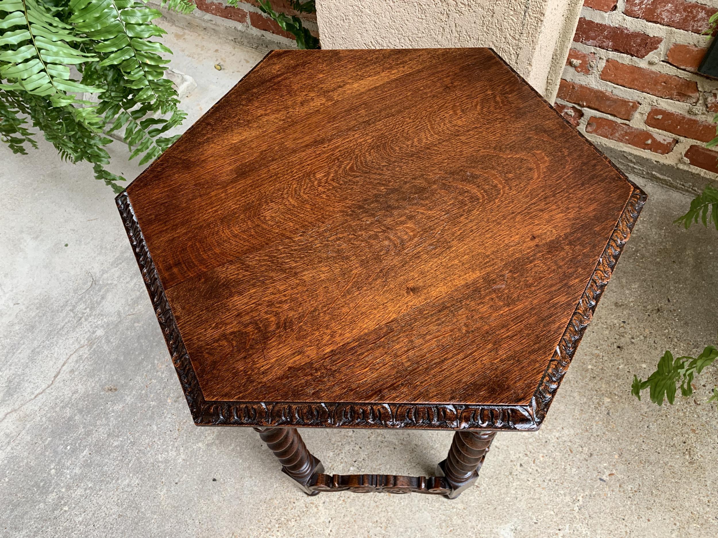 Petite Antique French Carved Oak Octagon Wine Tea Side Table Barley Twist, c1900 12