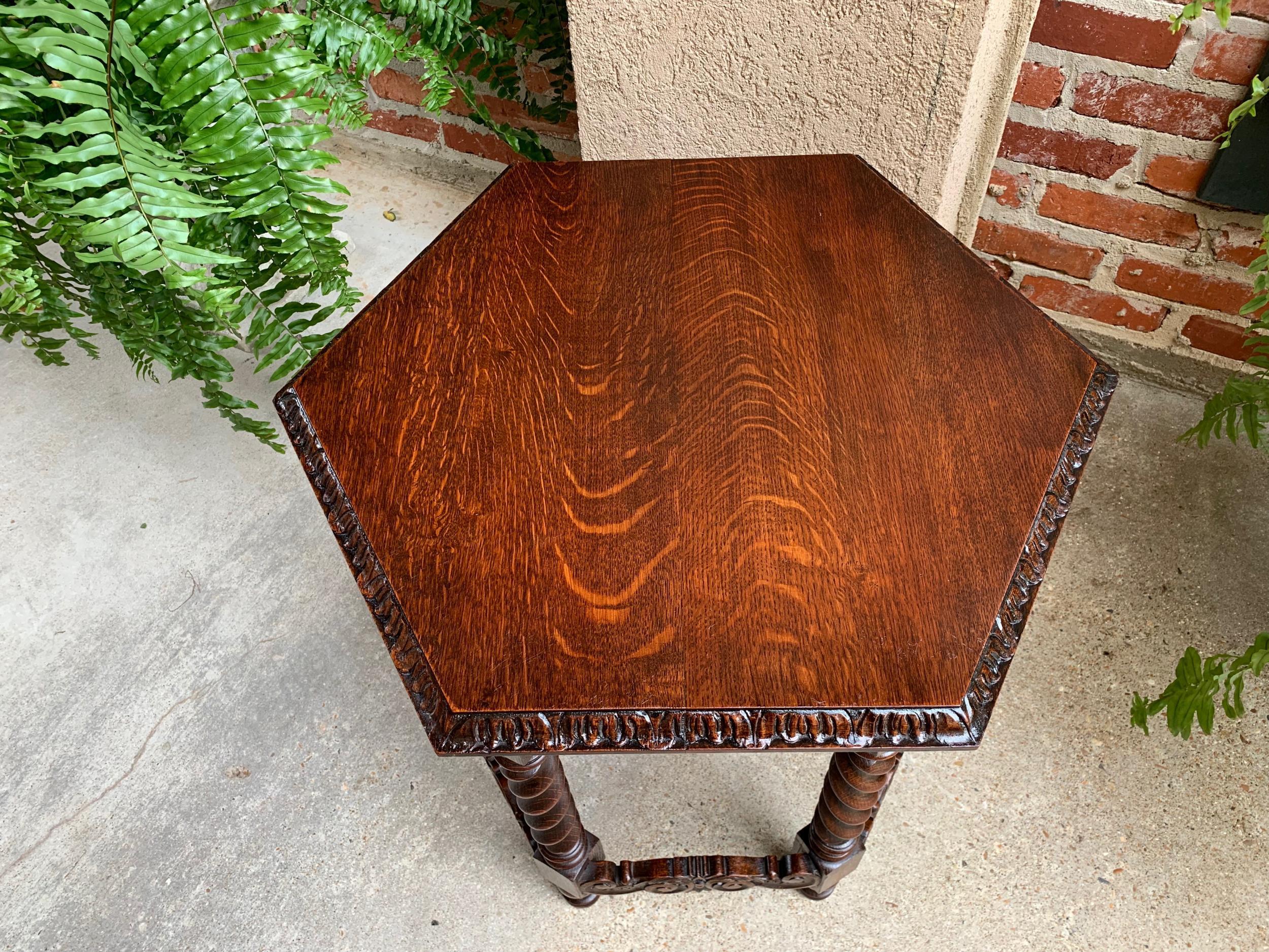 Petite Antique French Carved Oak Octagon Wine Tea Side Table Barley Twist, c1900 13