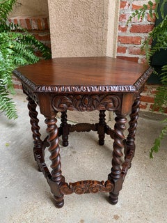 Petite Antique French Carved Oak Octagon Wine Tea Side Table Barley Twist, c1900